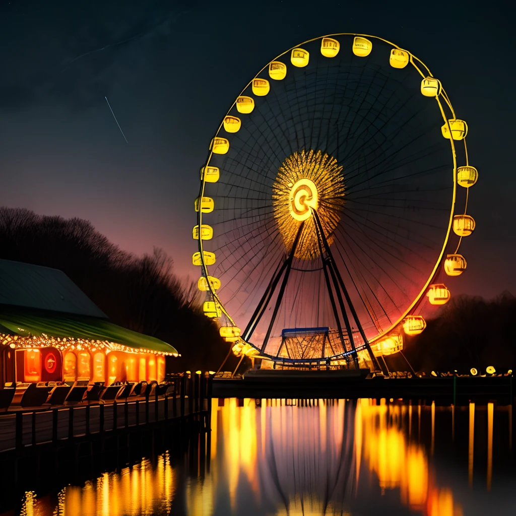 Lakeside,he Ferris wheel,nighttime scene,lamplight,