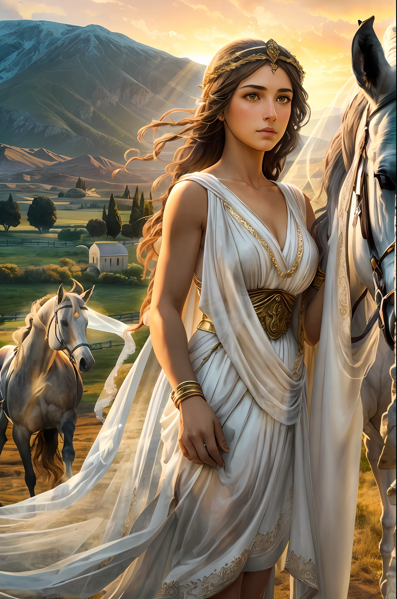 Greek girl goddess of husbandry and horses, With light brown hair, Has light brown strong-willed eyes, Wears white greek toga and veil, Is pouting, One black horse is behind, Ancient Arcadian field and mountain, Greek mythology, mysterious winter of mythic Greece, super high quality, ultra accurate description of hands, HDR, photorealistic, super detail, masterpiece, 8K