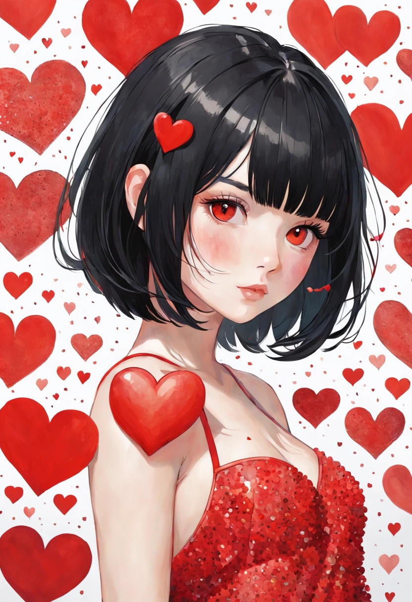 Beautiful girl with black hair bob cut::style Pointillism style、It is made up of hearts of various sizes、Clear heart with red color、Highly detailed ::n_style Illustration、Photorealsitic、glitched、highcontrast ::seed 1234
