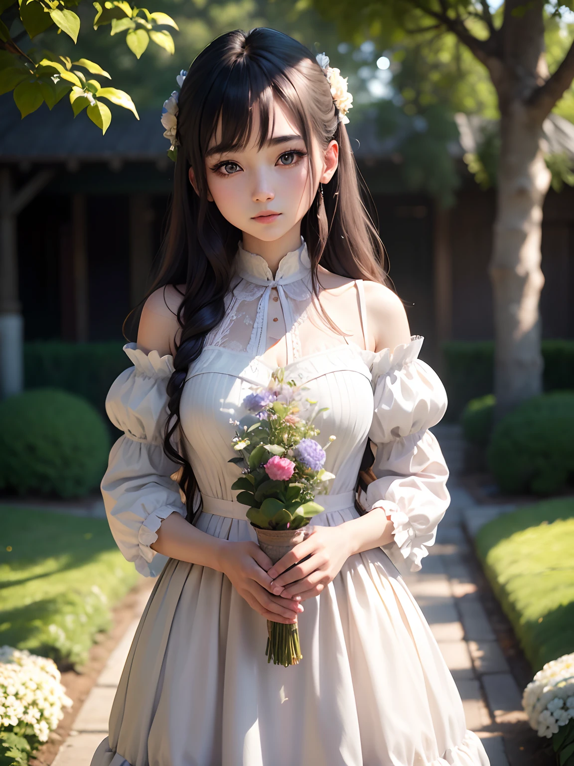 Girl 22 years old, Dress puffy, frilld、doress, garden, Bow, (Photorealista:1.4), (superior image quality:1.0), (超A high resolution:1.0), in 8K, RAW Photography, (​masterpiece:0.2), (pureerosface_v1:0.5)、(Better detail quality:1.2)、realisitic、8KUHD、hight resolution、(1 Girl Em:1.2)、ultra-detailliert、high quality texture、intricate detailes、detaile、extremely details CG、High quality shadows、the detail: Beautiful delicate face、the detail: Beautiful delicate eyes、depth of fields,blue hairs、Cross your fingers