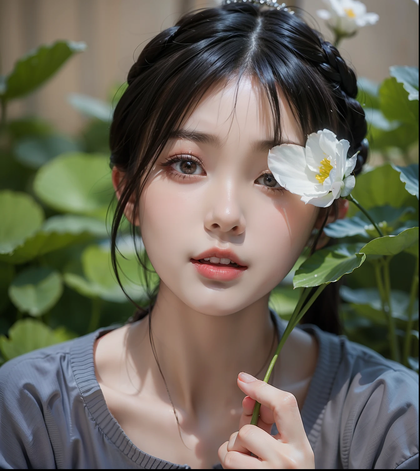 A girl holds a flower in front of her, Soft portrait shot 8 K, young lovely Korean faces, , Beautiful young Korean woman, Korean girl, Young Asian girl, young cute wan asian face, Beautiful Asian girl, beautiful Korean women, A young Asian woman, detailed face of a asian girl, beautiful portrait image
