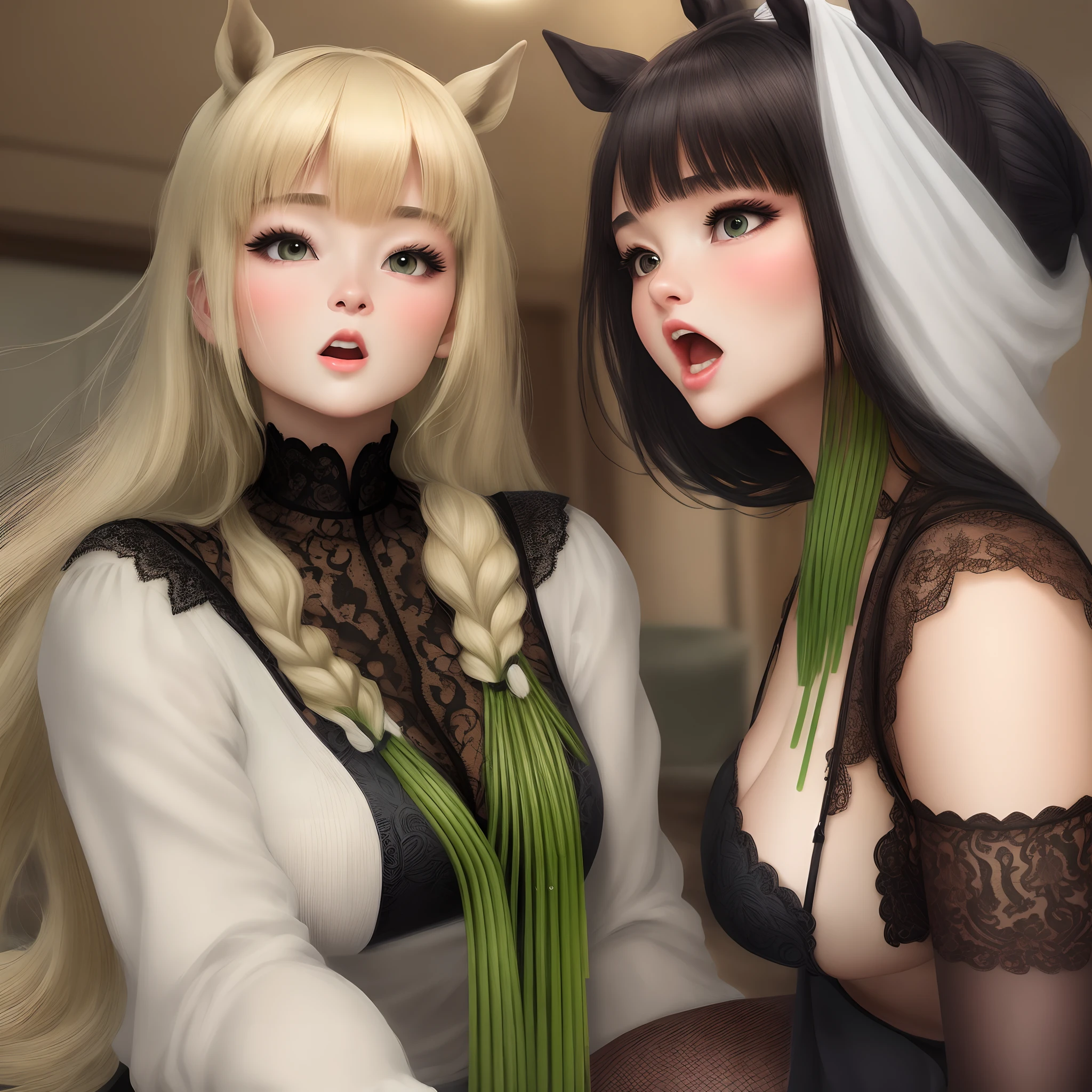 dual horsetail，Black lace stockings，Orgasmic face，drools