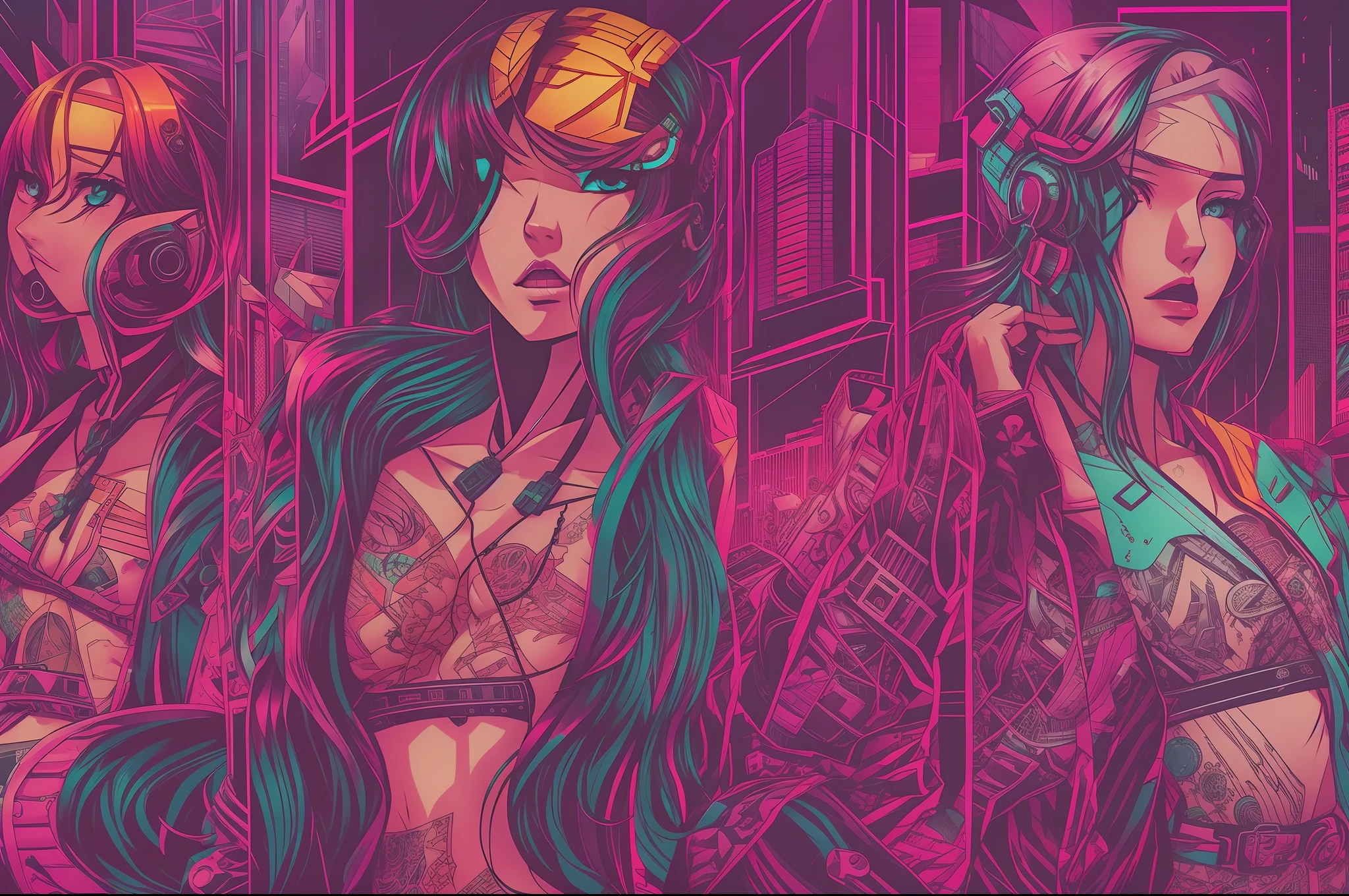 masterpiece, best quality, 1 cyberpunk girl standing, Harajuku-inspired cyberpunk body harness, body tattoo, bold colors and patterns, eye-catching accessories, trendy and innovative hairstyle, dazzling Cyberpunk cityscape, skyscrapers, neon signs, LED lights, bright and vivid color scheme, anime, illustration, detailed skin texture, detailed cloth texture, beautiful detailed face, intricate details, ultra detailed, cinematic lighting, dark shadows.