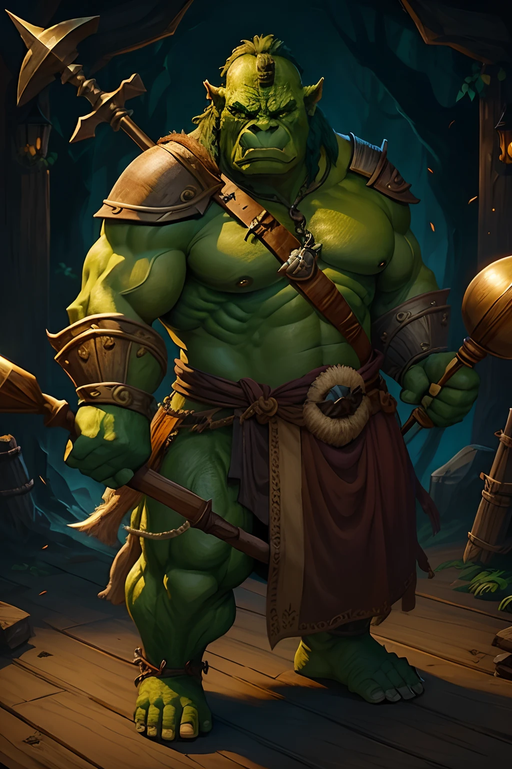 big green orc with big wooden mace, standing, holding mace on a shoulder, big nose, looking at a viewer --auto