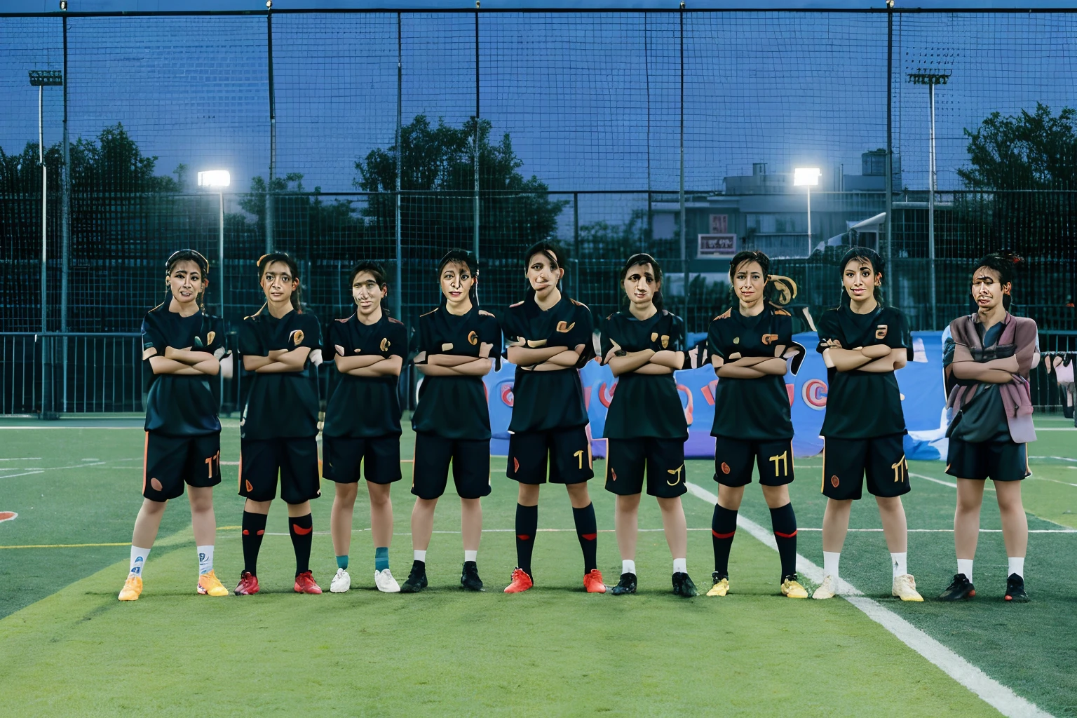 There are a lot of women standing on the football field with their arms crossed, Inspired by Zou Yigui, nanquan, Medium Shot Shot, Medium Shot Shot, From left, 🤬 🤮 💕 🎀, composite, beijing, wei wang, inspired by Wang Zhongyu, Li Zixin, Shot on Sony A 7 III, shaxi