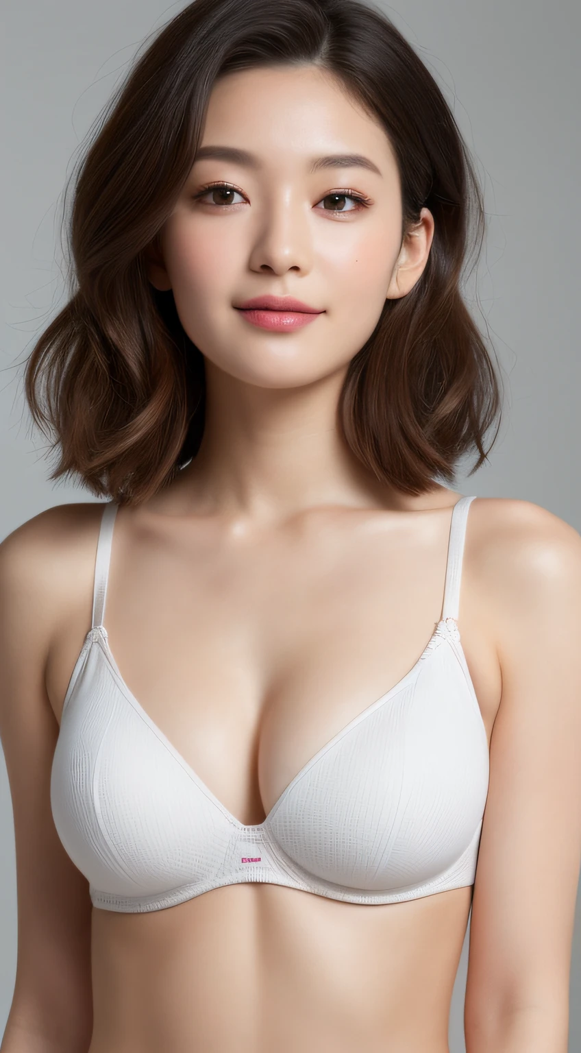 ((of the highest quality, 8K, masutepiece: 1.3)),High resolution, young girl,High level image quality, high detail, masterpiece, (((nude))),Smooth skin, anatomically correct, sharp, gray background((Japanese ,18-year-old)), solo, ((very short hair)), good shape big breasts, ((blonde)), Chubby body type (((Stand upright, facing the center of the screen.))), Close your mouth and look straight ahead with a serious face, ((cowboy shot)),I can see my belly button、heavy makeup、