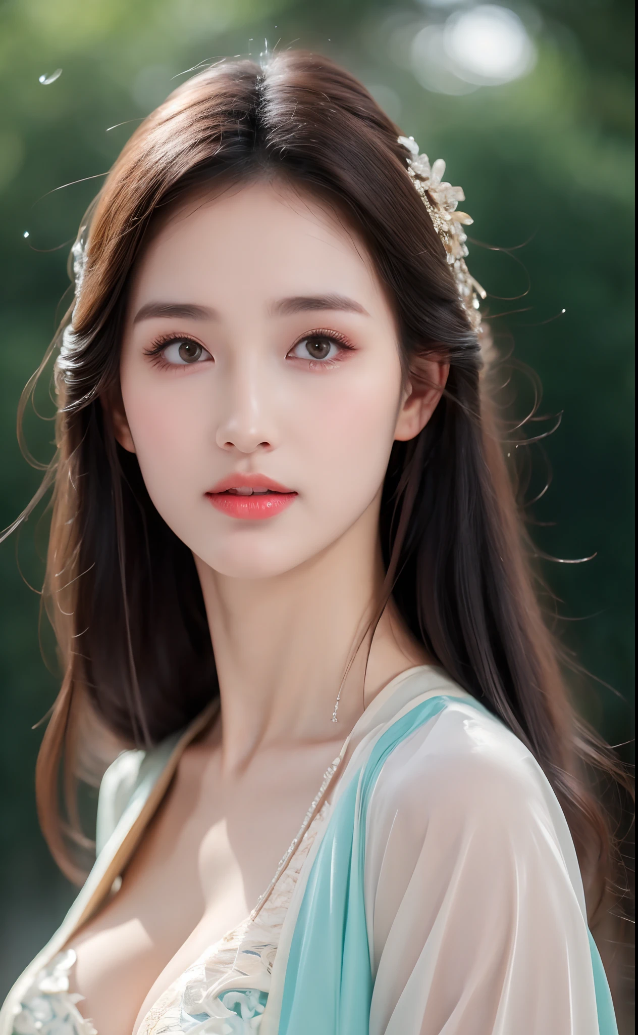 ((Best Quality, 8k, Masterpiece: 1.3)), Focus: 1.2, Perfect Body Beauty: 1.4, Buttocks: 1.2, ((Layered Haircut)), (Wet Clothes: 1.1), (Rain, Street:1.3), (Breasts: 1.2), (Hanfu: 1.2), Bare Shoulders, Bare Legs, Highly Detailed Face and Skin Texture, Fine Eyes, Double Eyelids, Whitened Skin, Long Hair, (Shut Up: 1.5), (Bokeh Background: 1.5), Big Breasts