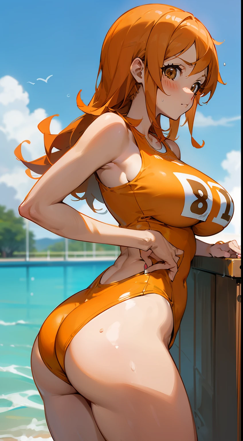 Nami, nami one piece, athletic body,2d, anime girl, a little chubby and curvy, orange hair, brown eyes, big breast, big ass, wearing revealing swimsuit, boobs pooping out of swim suit, blushing, looking down at the viewer, detailed brown eyes and long orange hairs