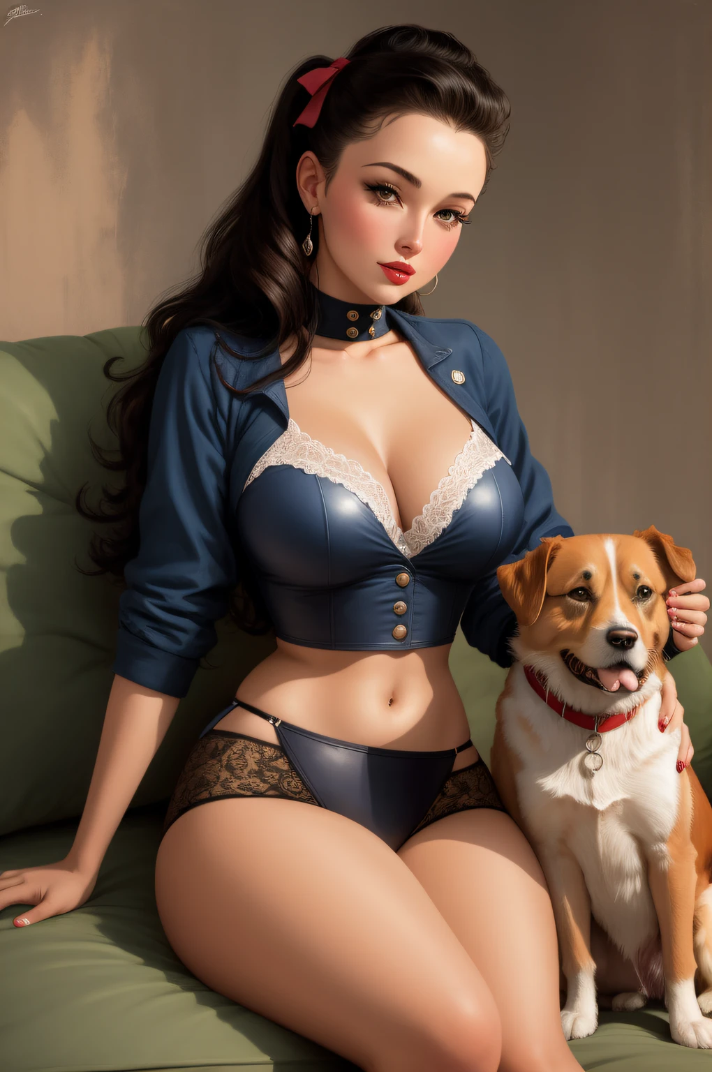 painting of a woman, sitting on the ground with a dog, Gil Elvgren's style, Gill Elvgren, Artgerm and Gil Elvgren, pinup art, girl pinup, girl pinup, Vintage pin app, pinup, Pin - up, pretty, Fix, Pin Up Girl, The girl from the poster in the style of pin-up, pin up girl