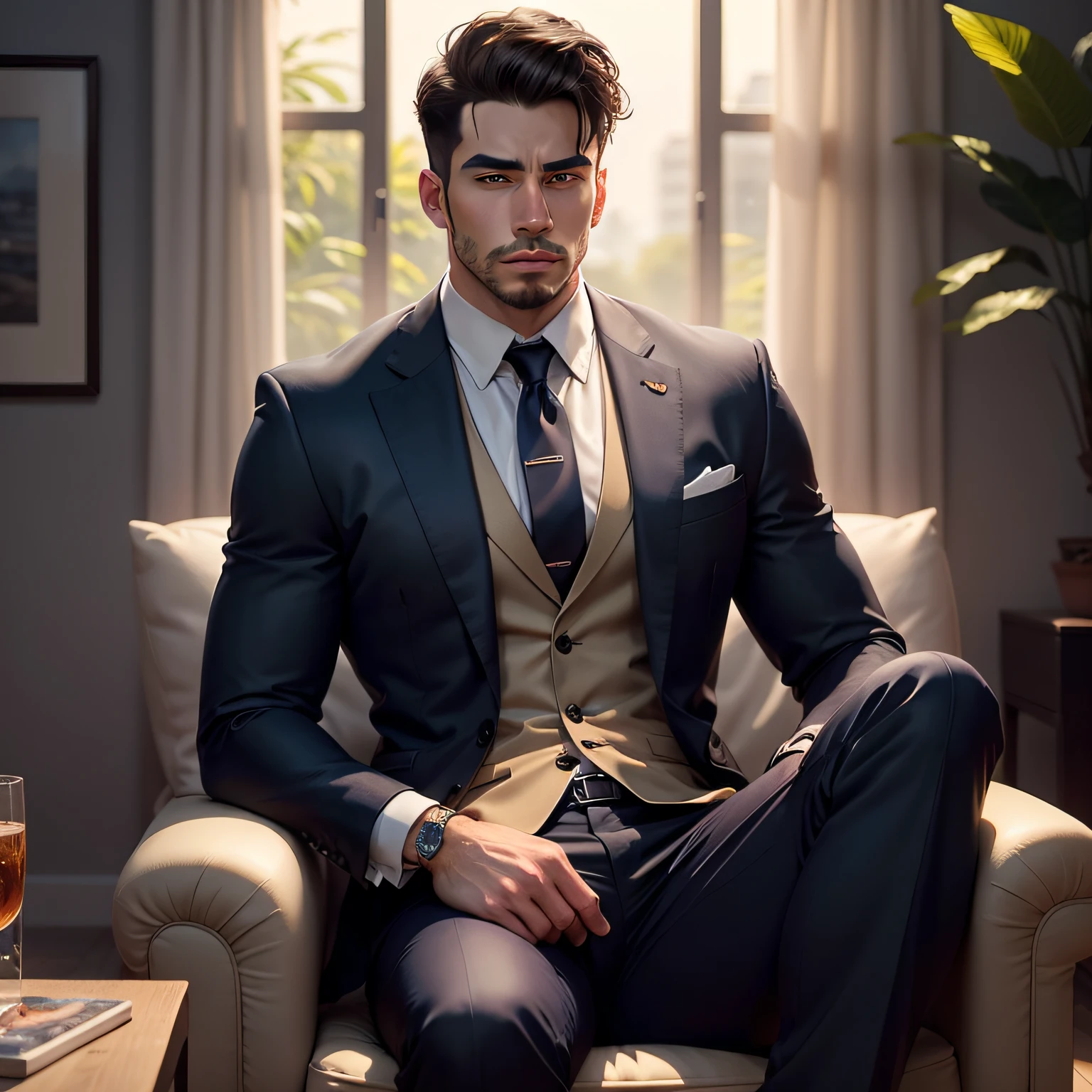 Arafed man wearing suit and tie sitting in front of a square, Macho bonito, bonito impressionante realista, macho atraente, strong masculine features, homem muito atraente com barba, homem bonito, homem atraente, personagem masculino, pintura digital realista, bonito rosto atraente, bonito e atraente, estilo hiper realista, modelo masculino, um homem bonito,cabelo curto preto, rosto e corpo atraentes