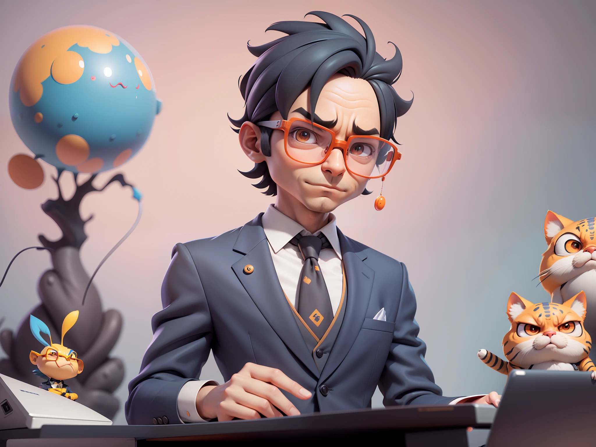 A young man in a suit, Short hair and glasses sat at his desk,holding laptop,digitial painting,tigre,3D character design by Mark Clairen and Pixar and Hayao Miyazaki and Akira Toriyama,4K HD illustration,Very detailed facial features and cartoon-style visuals。
