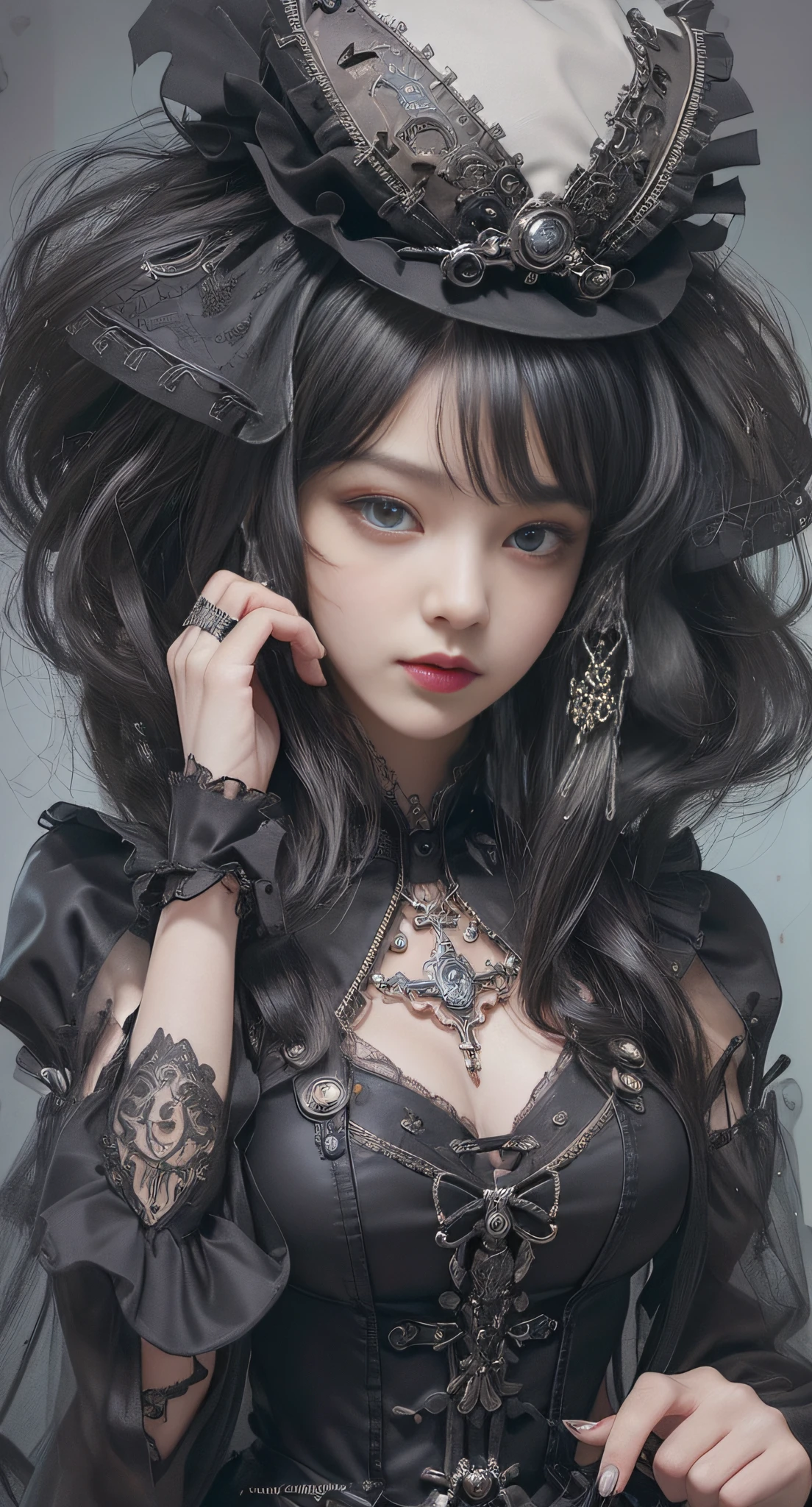 (((Masterpiece, top quality, super detailed))), (((( very detailed face))), small thin nose, small thin lip mouth, (((very sharp focused eyes))), very large slit precise pale gray eyes shining like jewels. Very long eyelashes, long black hair with black vertical curls, thick bangs, vertically curled princess cut, (((very decorative gothic ta fashion meets overdecorated steampunk fashion))), very dramatic and cinematic lighting, (((overall accuracy has improved dramatically, creating a super detailed and realistic and realistic images))).