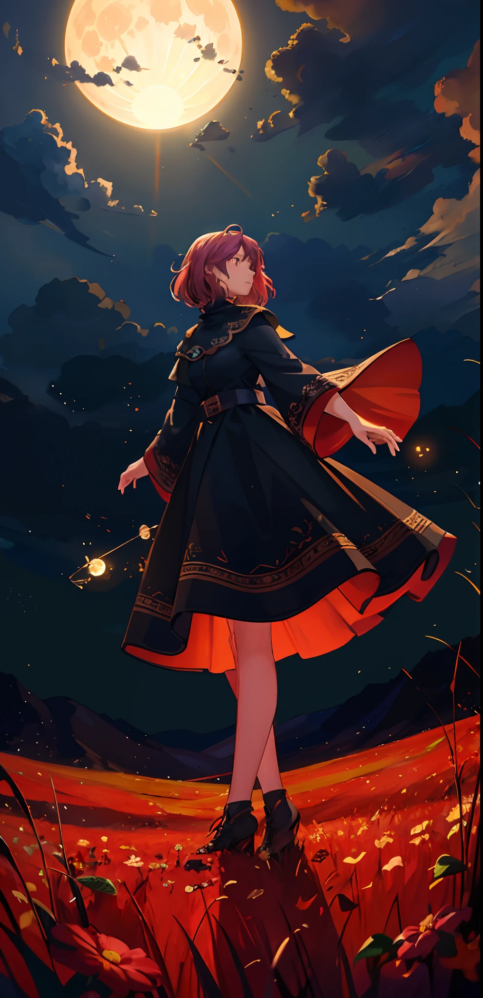 A wide landscape photo, (viewed from below, the sky is above, and the open field is below), a girl standing on a flower field looking up, (full moon: 1.2), (meteor: 0.9), (nebula: 1.3), distant mountains , Trees BREAK Crafting Art, (Warm Light: 1.2), (Firefly: 1.2), Lights, Lots of Purple and Orange, Intricate Details, Volumetric Lighting BREAK (Masterpiece: 1.2), (Best Quality), 4k, Ultra Detailed, (Dynamic Composition: 1.4), Rich in Detail and Color, (Rainbow Color: 1.2), (Glow, Atmospheric Lighting), Dreamy, Magical, (Solo: 1.2)