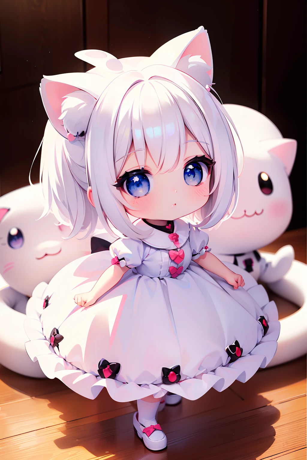 ((Best quality)), ((Masterpiece)),1 girl， animemanga girl，In body type，Very short in height，White color hair，white  skirt，Cat ears，Fierce expression