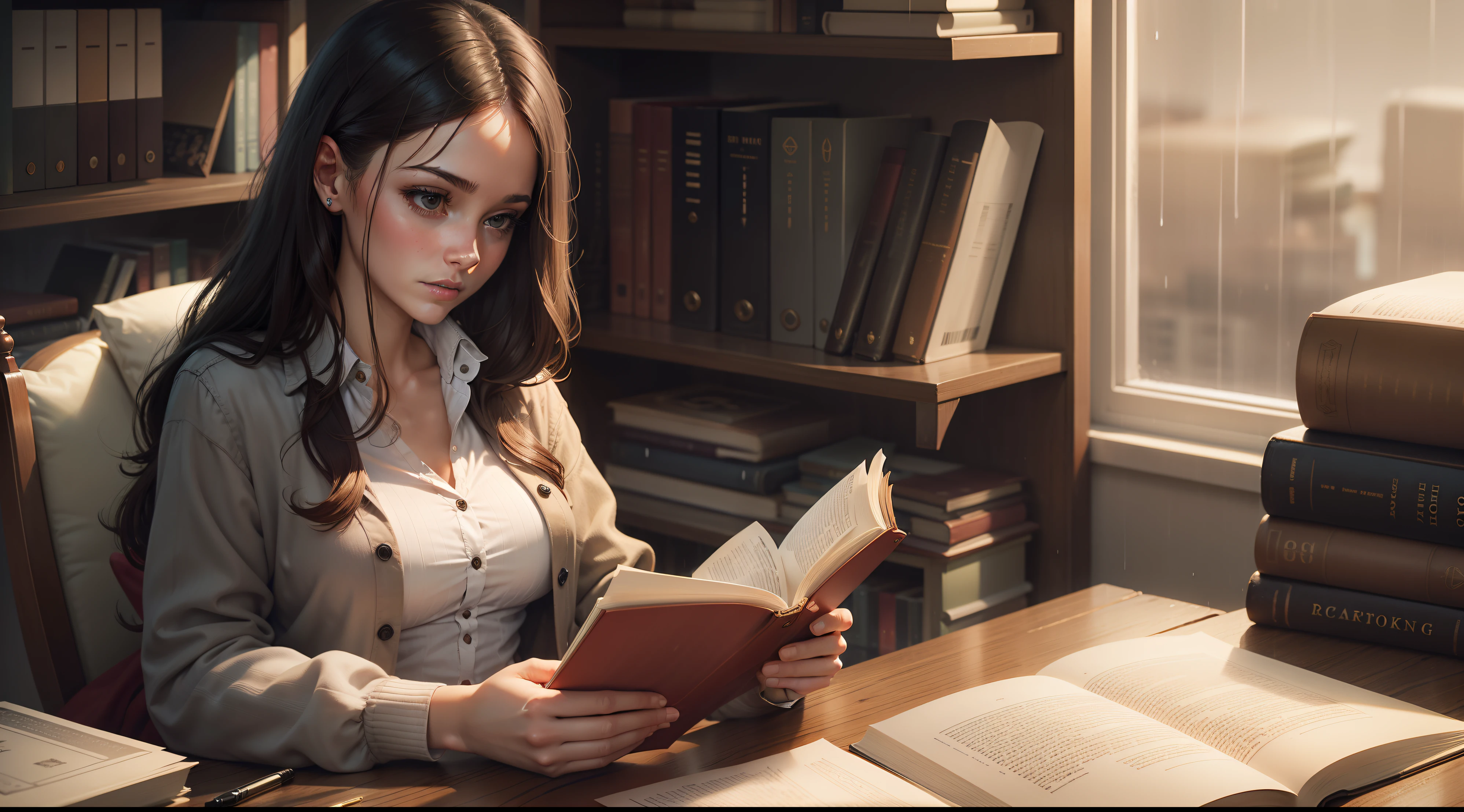 Young woman, in her office, reading books on a rainy day