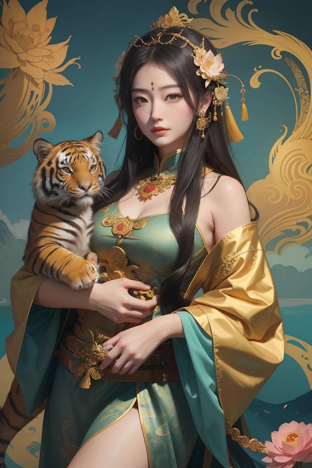 an ancient Chinese goddess, guanyin of the southern seas, Guanyin, Inspired by China, Avalokiteshvara rides a tiger,,Serene expression,shui mo hua,Buddha,Buddhist,Lotus,Chinese painting style,Thangka style