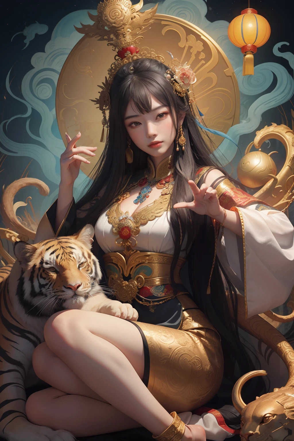 an ancient Chinese goddess, guanyin of the southern seas, Guanyin, Inspired by China, Avalokiteshvara rides a tiger，,Serene expression,shui mo hua,Buddha,Buddhist,Lotus,Chinese painting style,Thangka style