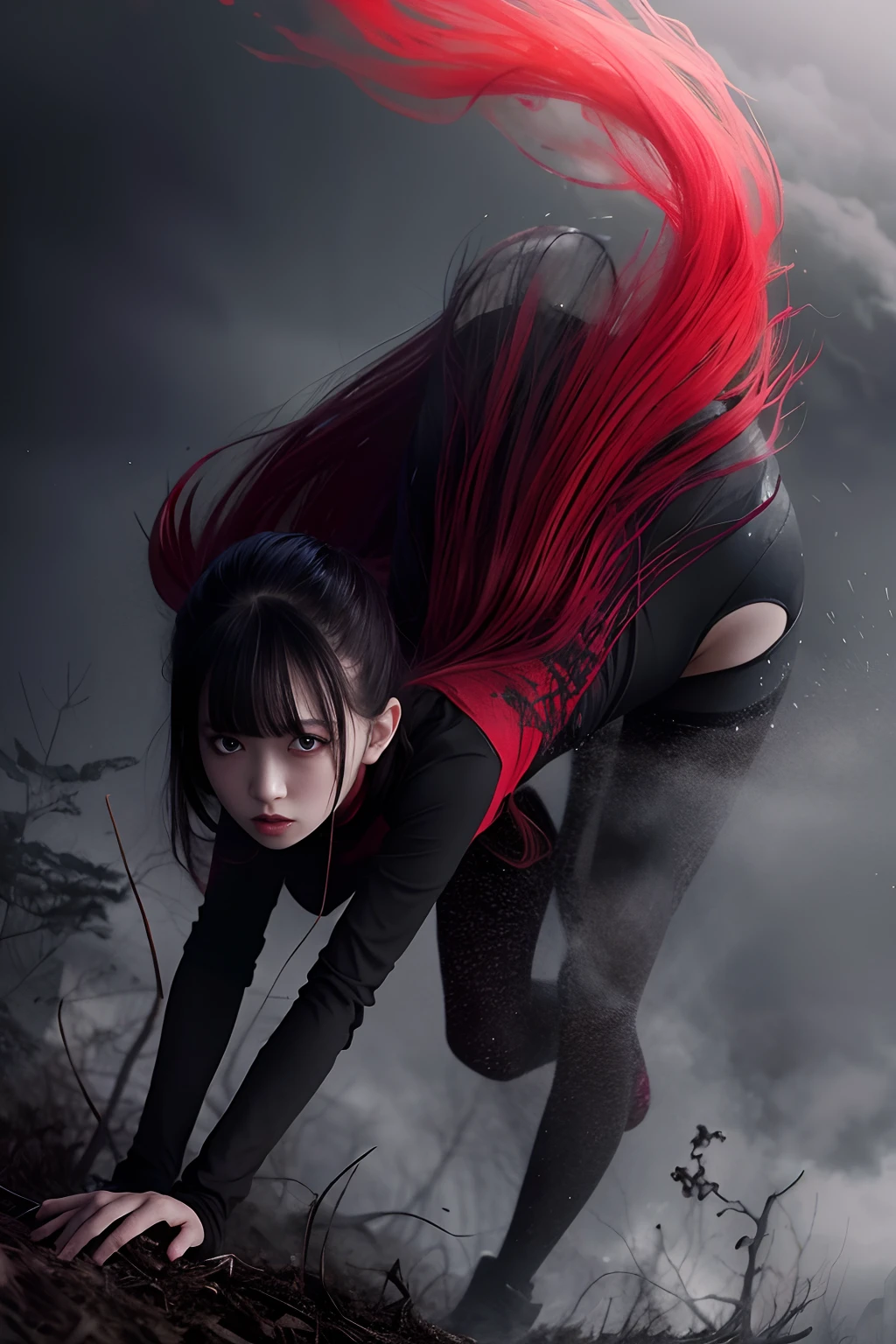 A girl with red eyes, full bodyesbian, Redness of the eyes，Black clothes
terror, Broken, contortion, sky, Heavy fog, Smoke, Dark forest, 
junji ito undertones, 
Masterpiece, 超高分辨率, High quality,