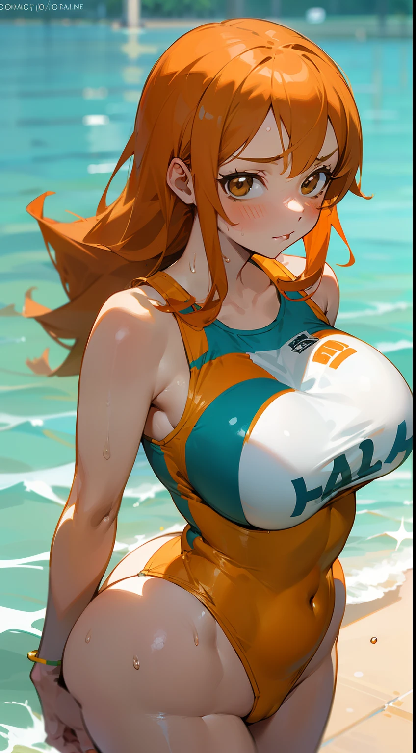 Nami, nami one piece, athletic body,2d, anime girl, a little chubby and curvy, orange hair, brown eyes, big breast, big ass, wearing revealing swimsuit, boobs pooping out of swim suit, blushing, looking down at the viewer, detailed brown eyes and long orange hairs,nsfw