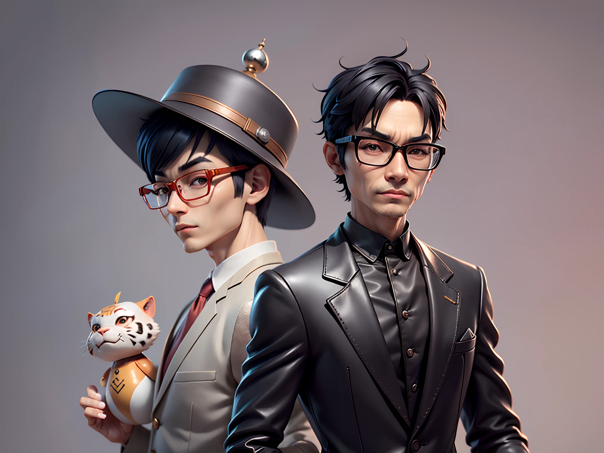 Young man with oriental face in leather hat, dragon, formal suit, short black hair, silver glasses, digital painting, 3D character design by Mark Clairedon and Pixar and Hayao Miyazaki and Akira Toriyama, the illustration is a high-definition illustration in 4K resolution with very detailed facial features and cartoon-style visuals.