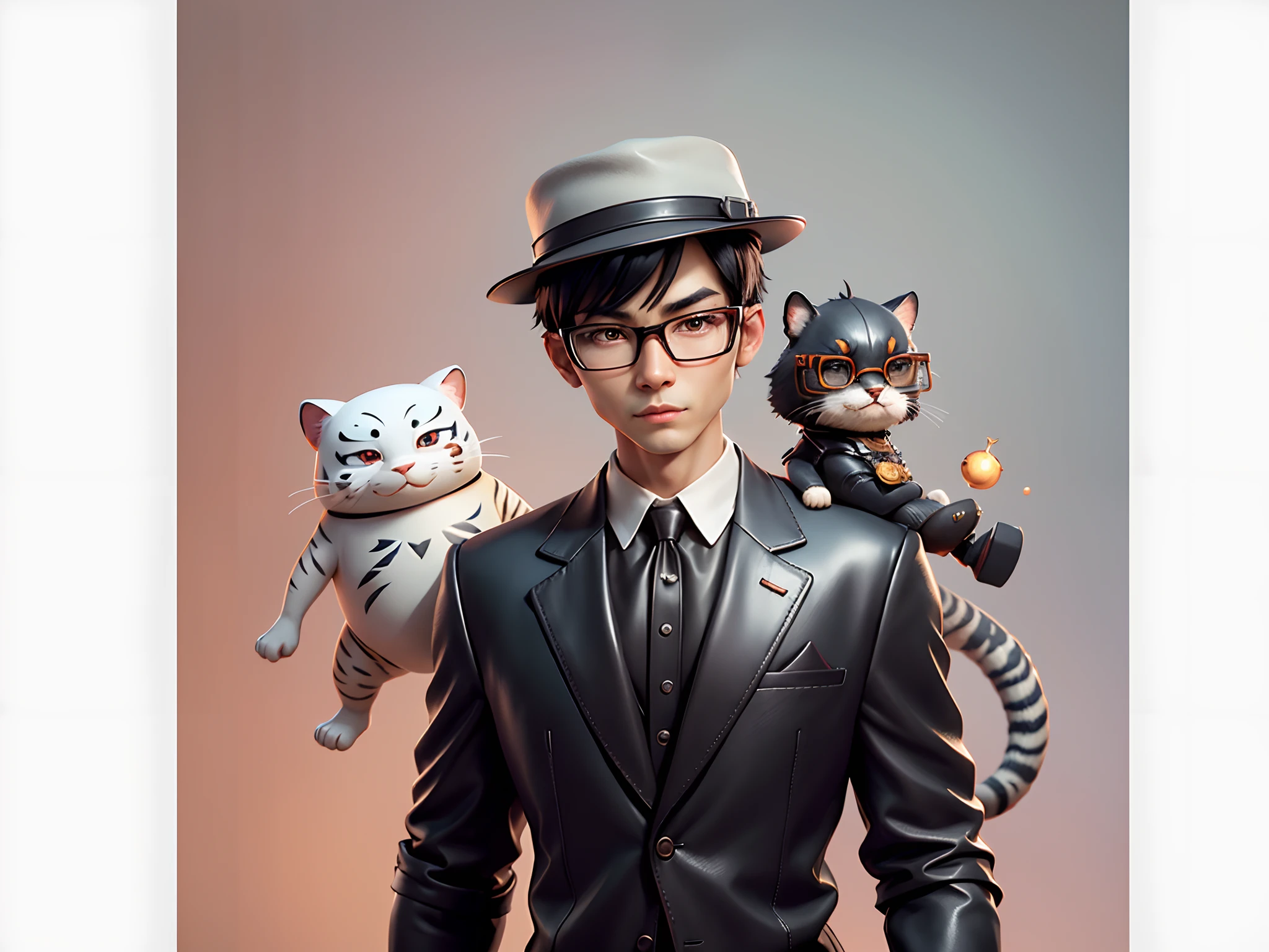 Young man with oriental face in leather hat, tiger, oriental face in formal suit, short black hair, silver glasses, digital painting, 3D character design by Mark Clairedon and Pixar and Hayao Miyazaki and Akira Toriyama, the illustration is a high-definition illustration in 4K resolution with very detailed facial features and cartoon-style visuals.