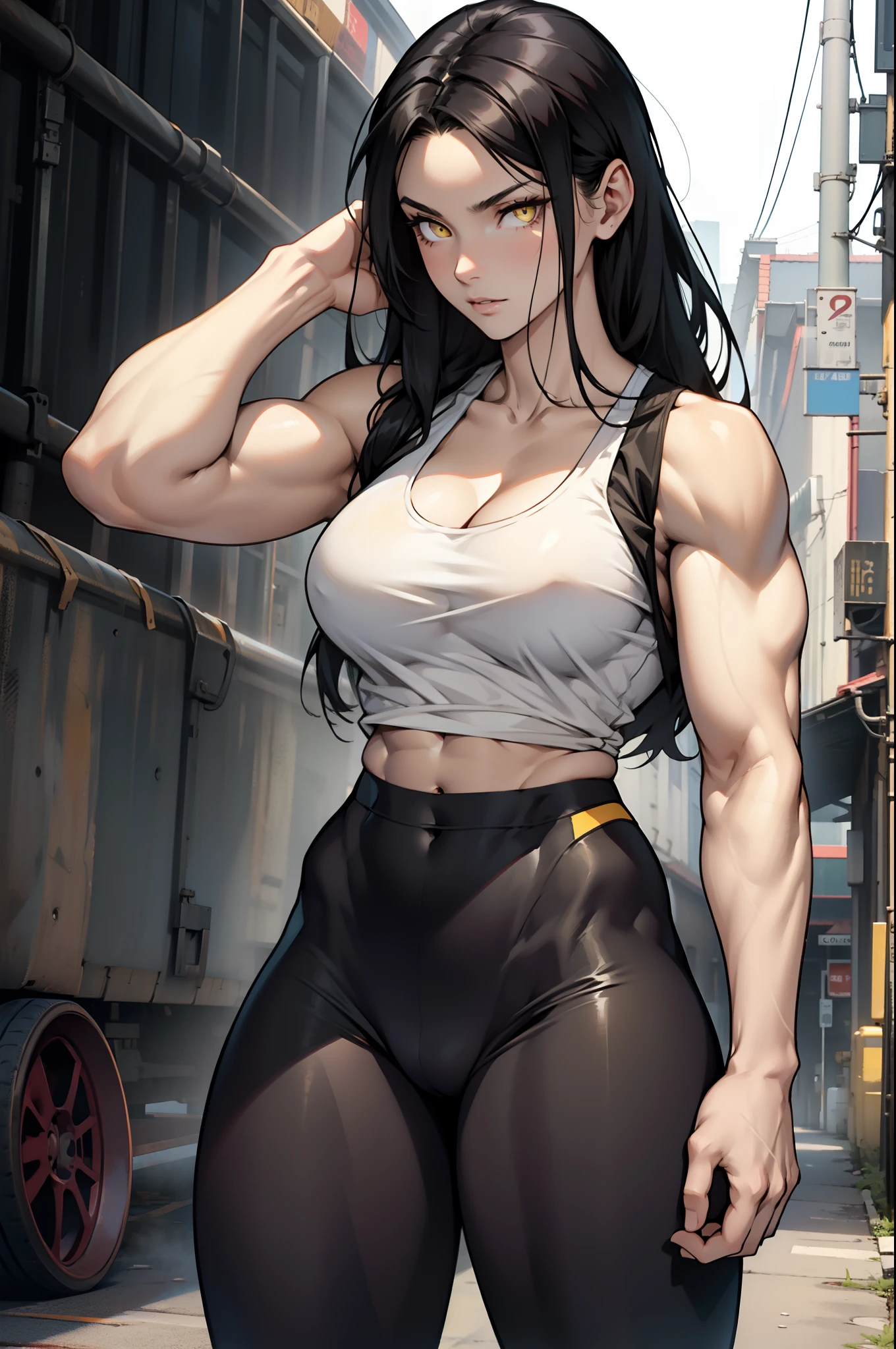 black hair, very long hair, yellow eyes, thick thighs, large breasts, (muscular), pale skin, leggings, tank top, toned body, 1 girl
