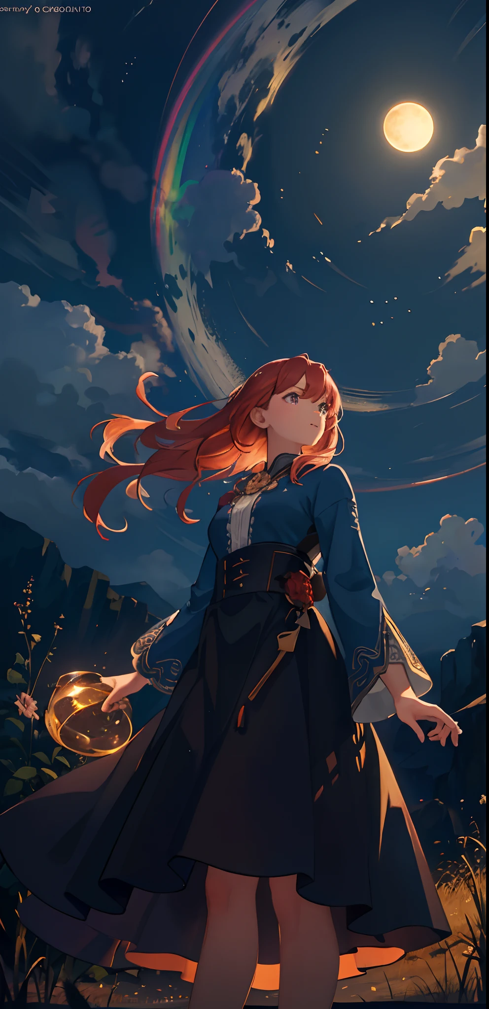 A wide landscape photo, (viewed from below, the sky is above, and the open field is below), a girl standing on a flower field looking up, (full moon: 1.2), (meteor: 0.9), (nebula: 1.3), distant mountains , Trees BREAK Crafting Art, (Warm Light: 1.2), (Firefly: 1.2), Lights, Lots of Purple and Orange, Intricate Details, Volumetric Lighting BREAK (Masterpiece: 1.2), (Best Quality), 4k, Ultra Detailed, (Dynamic Composition: 1.4), Rich in Detail and Color, (Rainbow Color: 1.2), (Glow, Atmospheric Lighting), Dreamy, Magical, (Solo: 1.2)