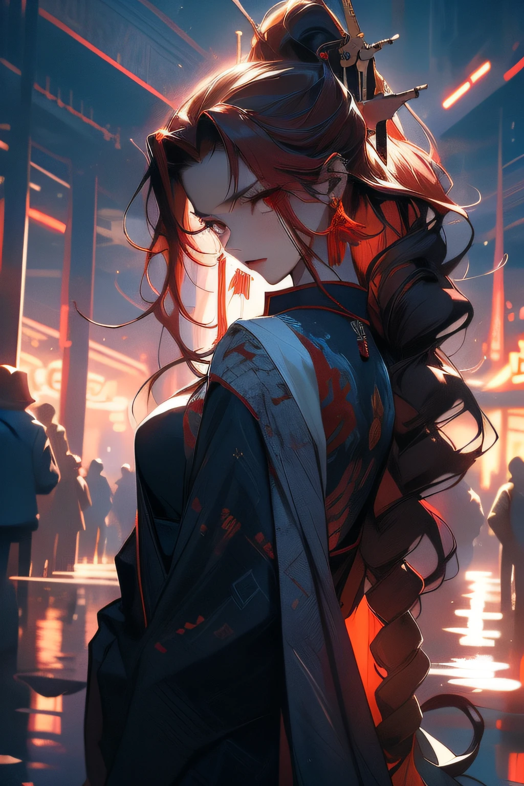 Chen Dan,25-year-old attractive woman,(long white hair),Red hair,Water drop earrings,Modern white-red tang clothes,Angry expressions,Demon Sect Leader,Dark style,The sky is lightning and thunderous,dark cloude,Thunder element special effects,daynight,Neon lighting effects