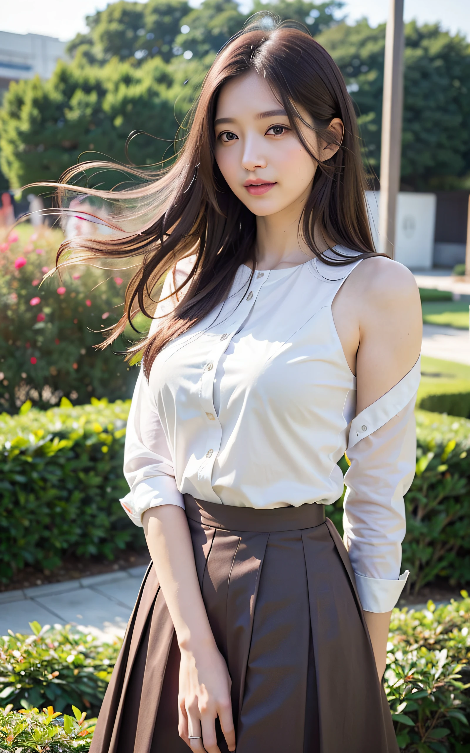 Shoulder-length straight hair swaying in the wind + dress shirts, Skirt,
(Raw photo, Best Quality), (Realistic, Photorealsitic:1.3), masterpiece, Extremely delicate and beautiful, Soft light, (Brown hair, Shoulder-length straight hair swaying in the wind), Beautiful detailed girl, (Detailed fingers), extremely detailed eye and face, beautiful detailed nose, Beautiful detailed eyes, 1 girl, Japanese, Neat and clean beauty, Cute, 年轻, Smile, dress shirts, Skirt, (Half body:1.3), (medium breasts), Realistic face, Realistic body, Outdoors