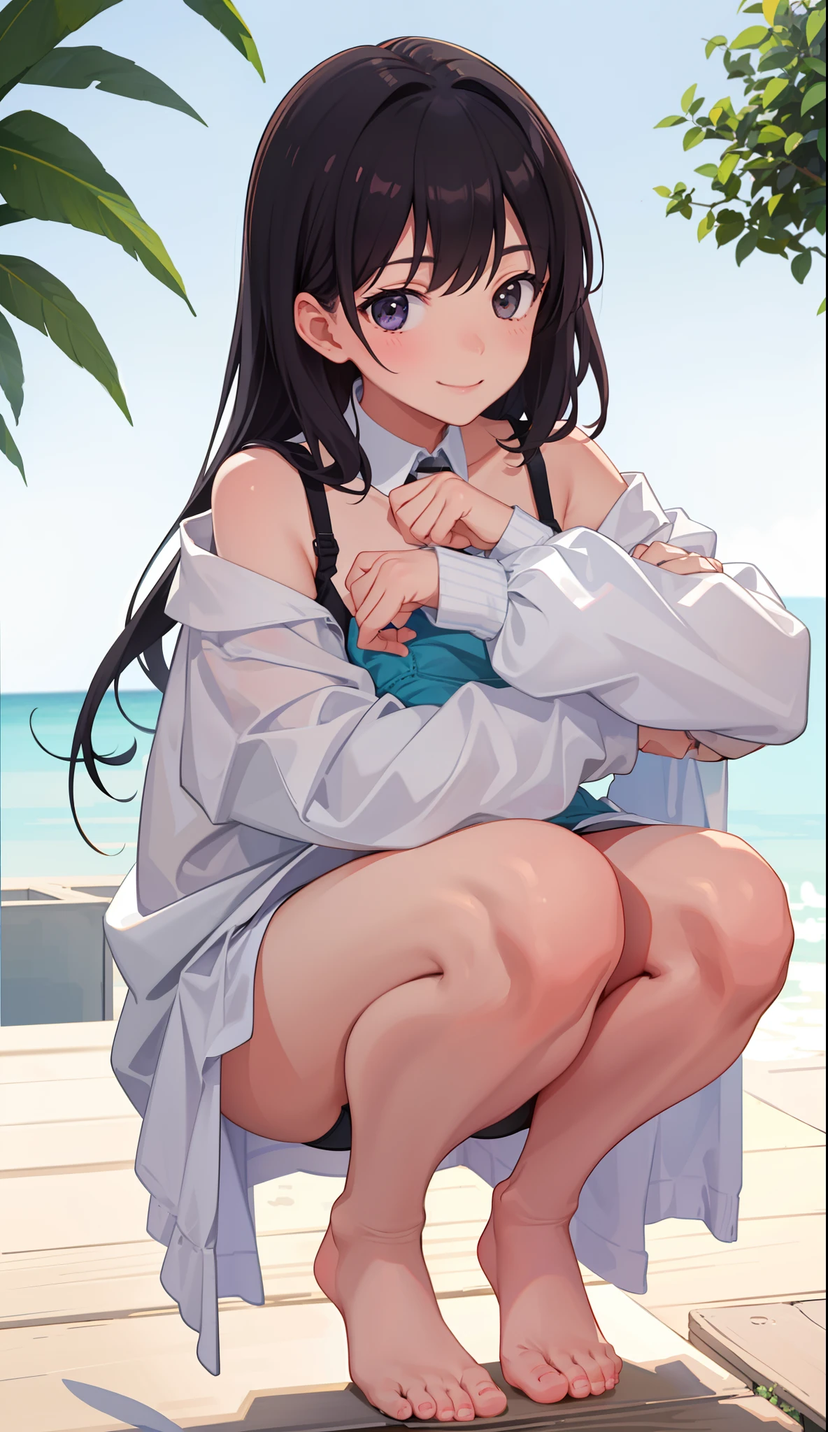 1girl in、A smile、Underwear、Cute underwear、Upper body portrait、Squatting panchira、