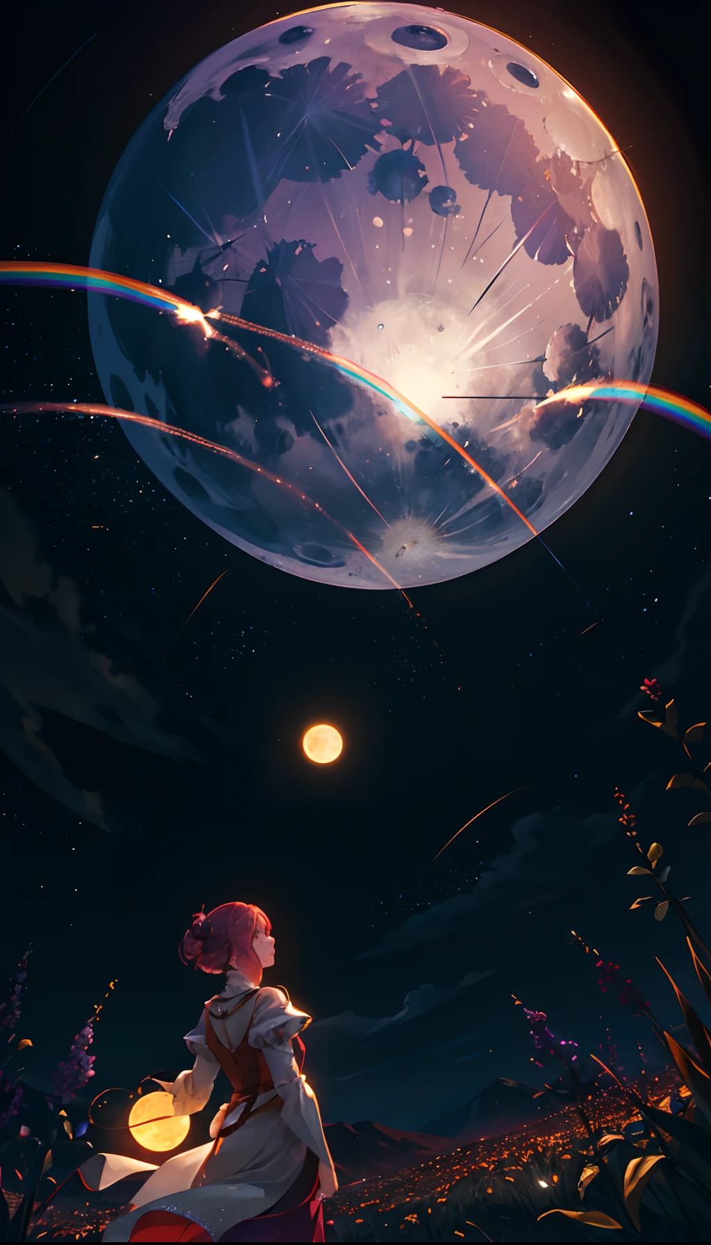 Vast landscape photo, (viewed from below, the sky is above and the open field is below), a girl standing on a flower field looking up, (full moon: 1.2), (meteor: 0.9), (nebula: 1.3), distant mountains , Trees BREAK Crafting Art, (Warm Light: 1.2), (Fireflies: 1.2), Lights, Lots of Purple and Orange, Intricate Details, Volumetric Lighting, Realism BREAK (Masterpiece: 1.2), (Best Quality), 4k, Ultra-Detailed, (Dynamic Composition: 1.4), Very Detailed, Colorful Details, (Rainbow Colors: 1.2), (Glow Lighting, Atmospheric Lighting), Dreamy, Magical, (Solo: 1.2)