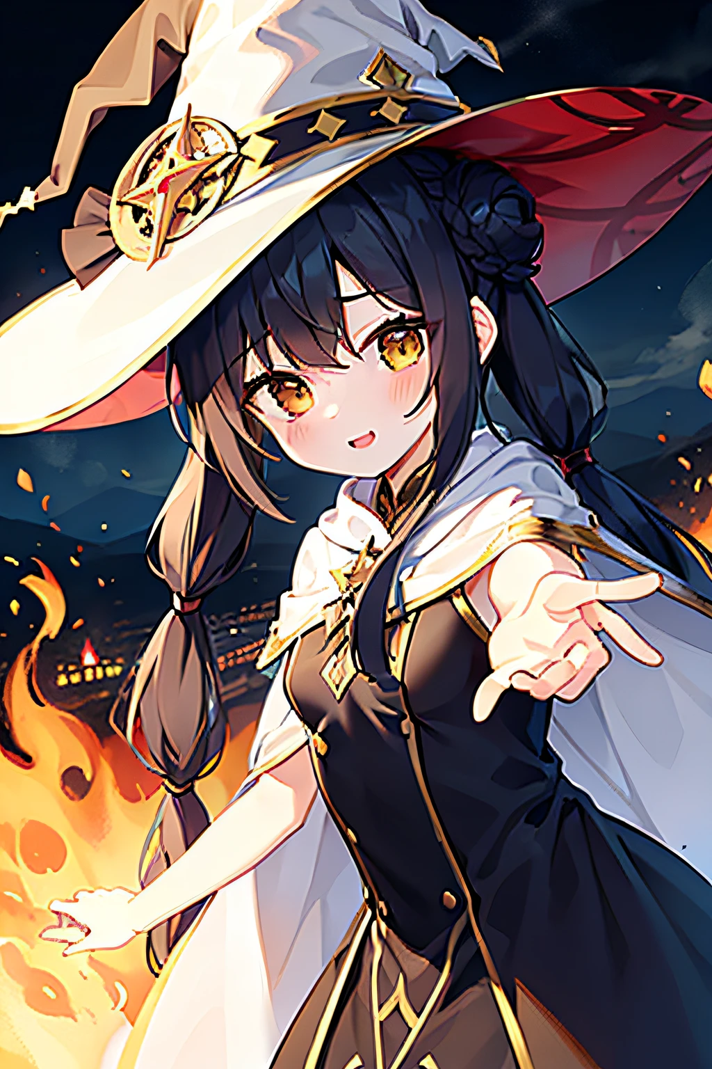 masterpiece, best quality, 1girl, solo, black hair, blunt bangs, (braided buns), (short twintails), yellow eyes, ((holding a white witch hat)), white long cape, black dress, ((pink inside the fabric)), greeting, lower one's back, burning town, smoke of fire, cloudy weather