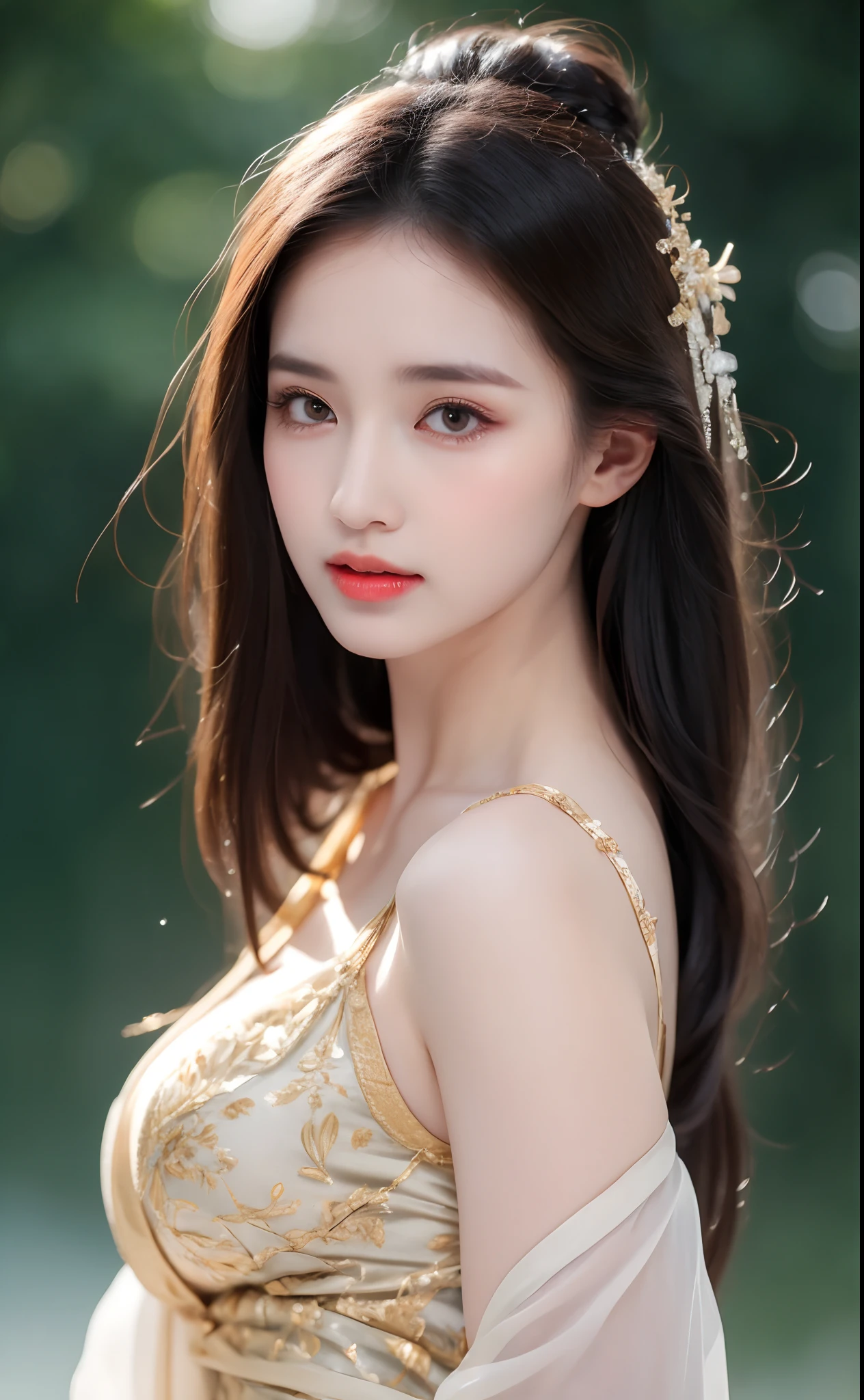(long whitr hair:1.6),Floating hair,(White ribbon on hair),best qualtiy,tmasterpiece,illustratio,Extremely Delicately Beautiful,extremely detaile,CG,8k wallpaper,astounding,finedetail,tmasterpiece,best qualtiy,offcial art,the Extremely Detailed CG Unity 8K Wallpapers,Incredibly Ridiculous res,hugefilesize,A high resolution,extremely detaile,Beautiful Meticulous Girl,extremelydetailedeyesandface,beatiful detailed eyes,light in face,full bodyesbian,(full bodyesbian),tmasterpiece,Ultra photo realsisim,32k,best qualtiy,She is naturally beautiful,One shoulder,Deep V sexy。Big chest,Deep cleavage,She bends 90 degrees and looks up and smiles at the camera。