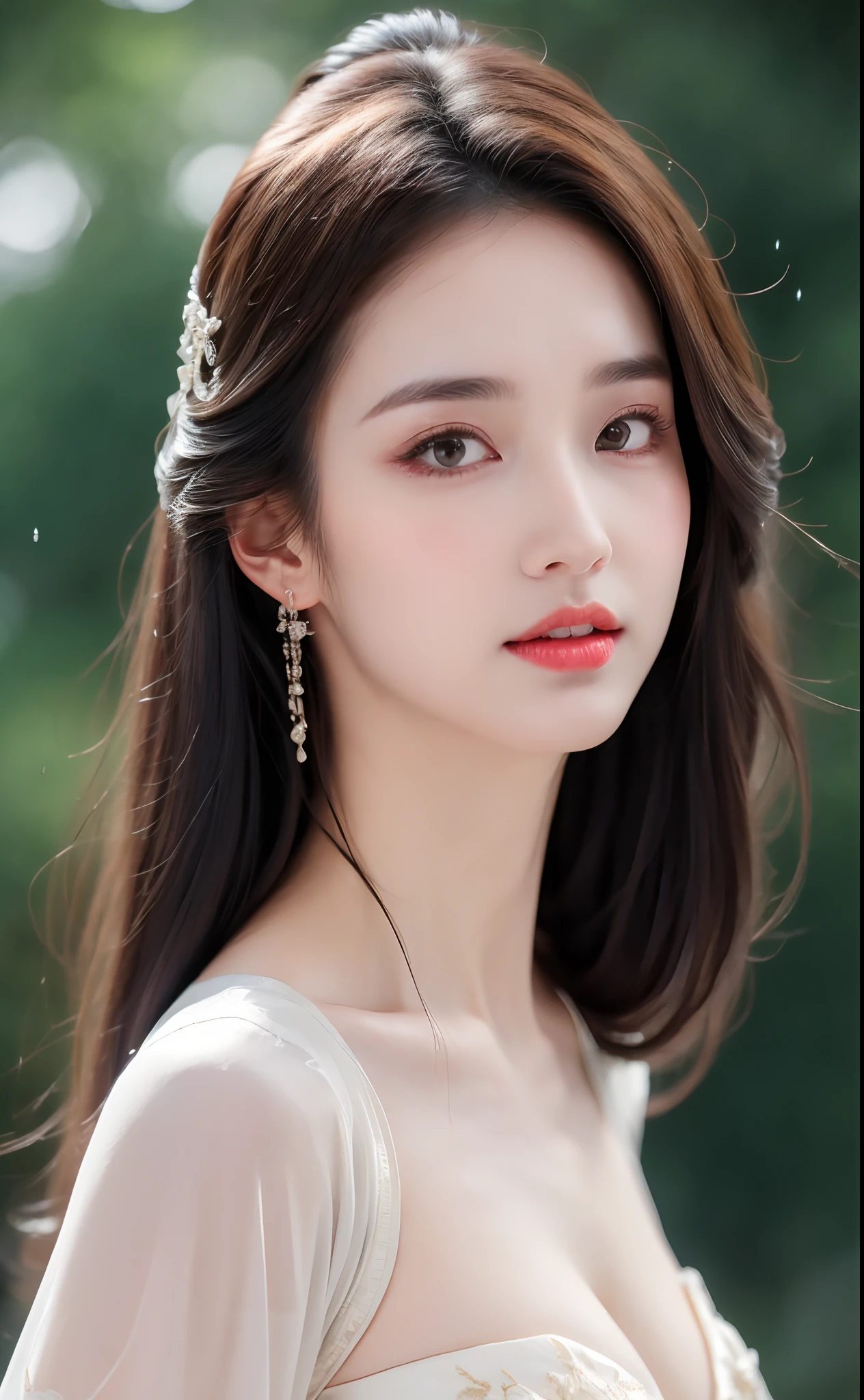 ((Best Quality, 8k, Masterpiece: 1.3)), Focus: 1.2, Perfect Body Beauty: 1.4, Buttocks: 1.2, ((Layered Haircut)), (Wet Clothes: 1.1), (Rain, Street:1.3), (Breasts: 1.2), (Hanfu: 1.2), Bare Shoulders, Bare Legs, Highly Detailed Face and Skin Texture, Fine Eyes, Double Eyelids, Whitened Skin, Long Hair, (Shut Up: 1.5), (Bokeh Background: 1.5), Big Breasts