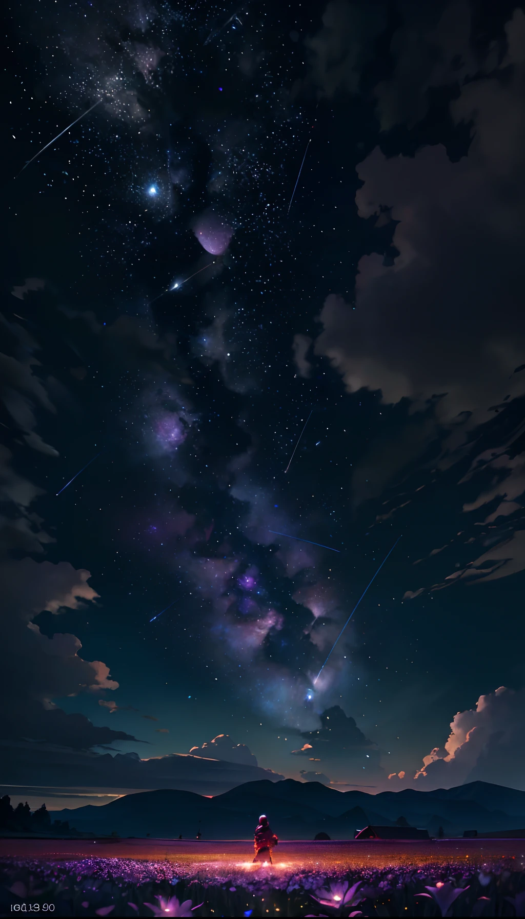 Vast landscape photo, (viewed from below, the sky is above and the open field is below), a girl standing on a flower field looking up, (full moon: 1.2), (meteor: 0.9), (nebula: 1.3), distant mountains , Trees BREAK Crafting Art, (Warm Light: 1.2), (Fireflies: 1.2), Lights, Lots of Purple and Orange, Intricate Details, Volumetric Lighting, Realism BREAK (Masterpiece: 1.2), (Best Quality), 4k, Ultra-Detailed, (Dynamic Composition: 1.4), Very Detailed, Colorful Details, (Rainbow Colors: 1.2), (Glow Lighting, Atmospheric Lighting), Dreamy, Magical, (Solo: 1.2)