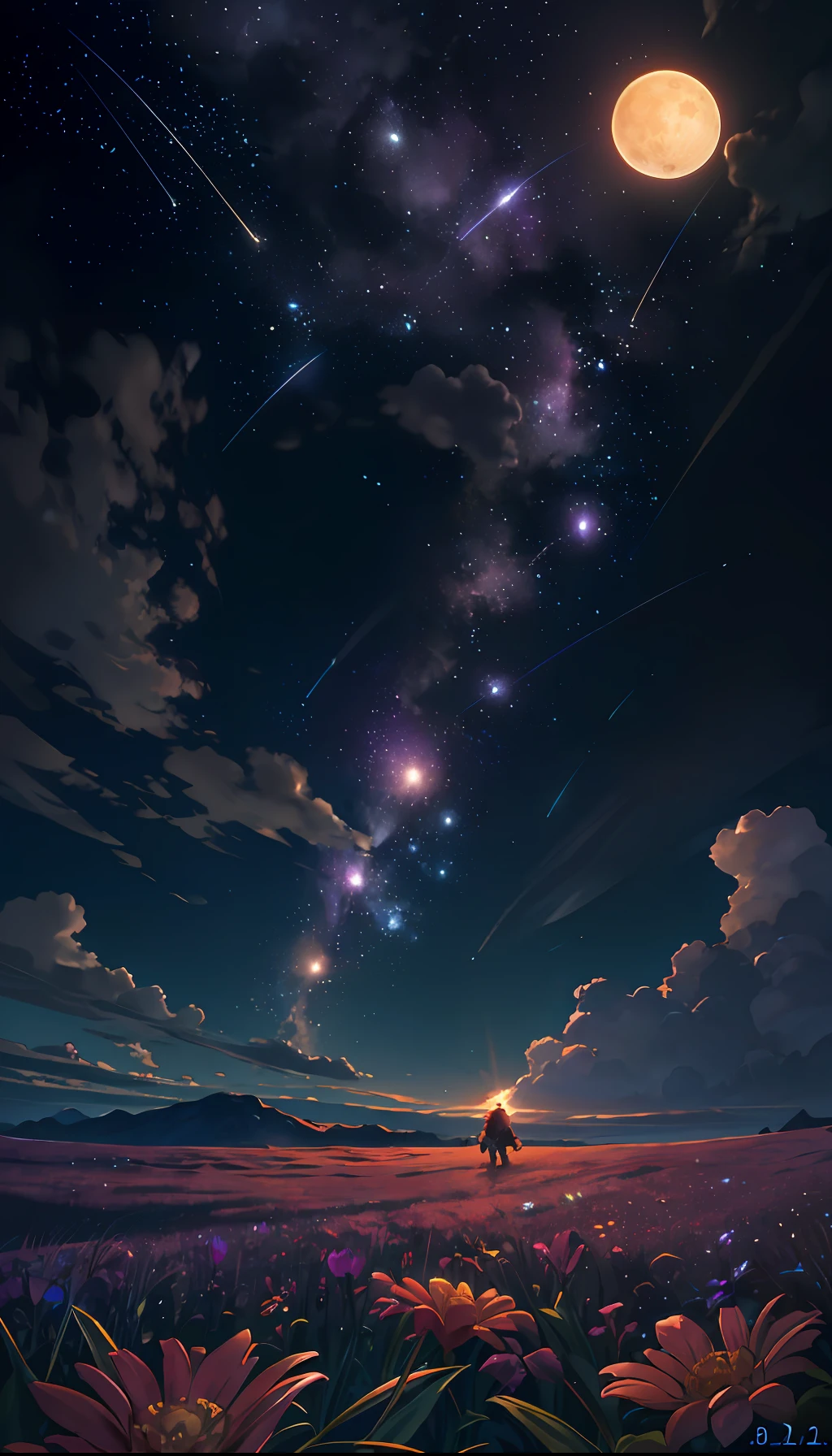 Vast landscape photo, (viewed from below, the sky is above and the open field is below), a girl standing on a flower field looking up, (full moon: 1.2), (meteor: 0.9), (nebula: 1.3), distant mountains , Trees BREAK Crafting Art, (Warm Light: 1.2), (Fireflies: 1.2), Lights, Lots of Purple and Orange, Intricate Details, Volumetric Lighting, Realism BREAK (Masterpiece: 1.2), (Best Quality), 4k, Ultra-Detailed, (Dynamic Composition: 1.4), Very Detailed, Colorful Details, (Rainbow Colors: 1.2), (Glow Lighting, Atmospheric Lighting), Dreamy, Magical, (Solo: 1.2)
