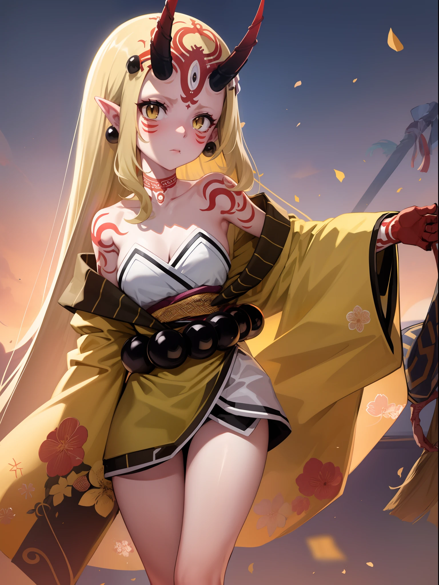 masterpiece, best quality,1girl,solo, ibaraki_douji , yellow kimono,cleavage, very long hair, japanese clothes, wide sleeves, off shoulder, floral print, beads, sash