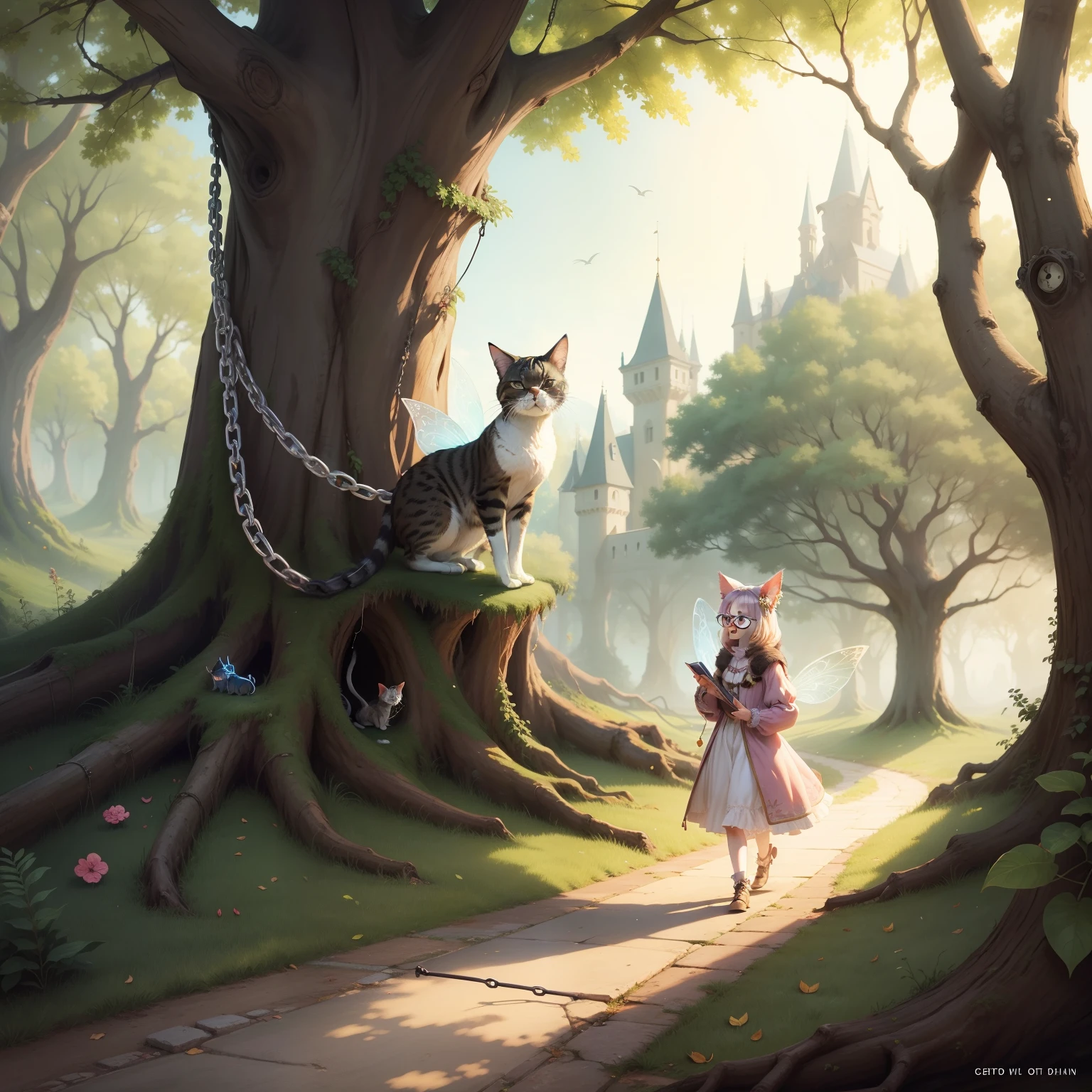 fairy tale illustration, where a cat with glasses walks on a chain in a tree