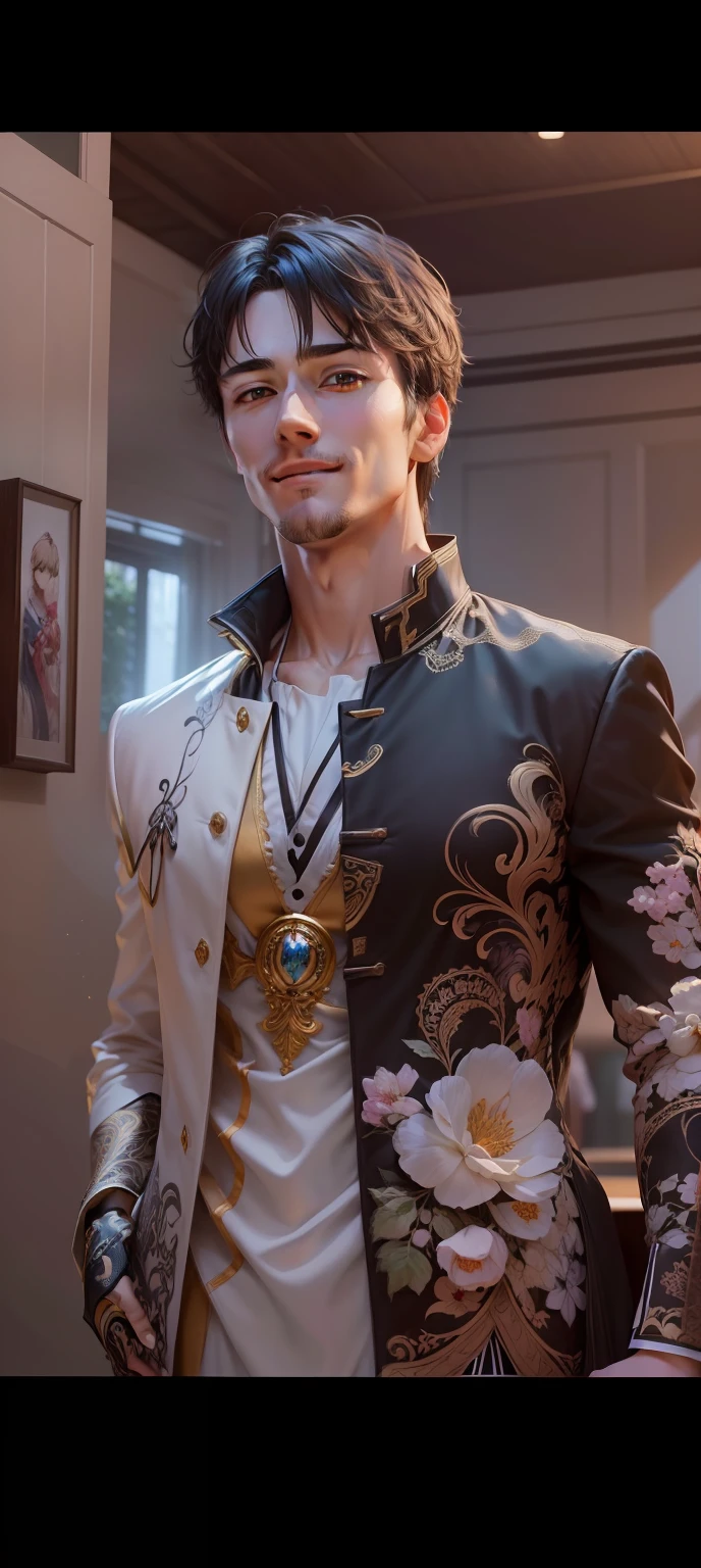 Three piece suite happy, broad shoulders, clear focus (clutter - house: 0.8), (masterpiece: 1.2) (Realistic: 1.2) (Anime) (Best quality) (Detailed skin: 1.3) (Intricate details) (8K) (Detail eyes) (Sharp focus), (Happy) More Smile