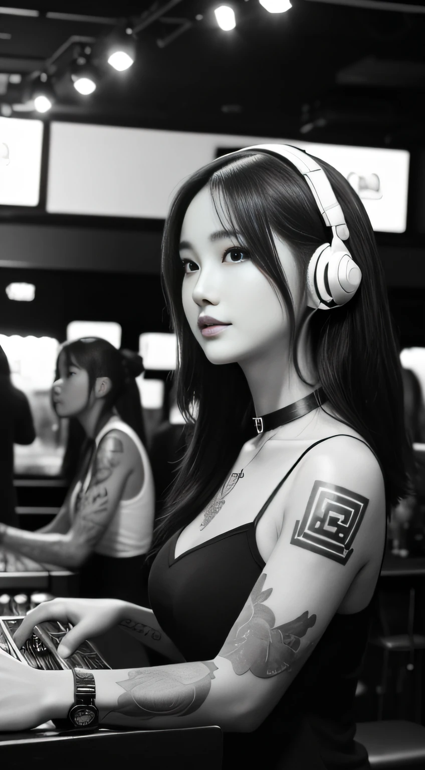 best qualtiy,tmasterpiece,超高分辨率,(fidelity:1.4),(B&W:1.3),professinal,photography of,1个Giant Breast Girl,Dee bar,Girl wearing headphones,DJ in the bar,Upper body,A female DJ,Look at the crowd,DJ, DJ booth,DJ Player,stage lighting,(buzz cut:1.1),(Tattooed with:1.1),cheerfulness,dyna,Gucci, Versace,cruel,choker necklace,Vistas