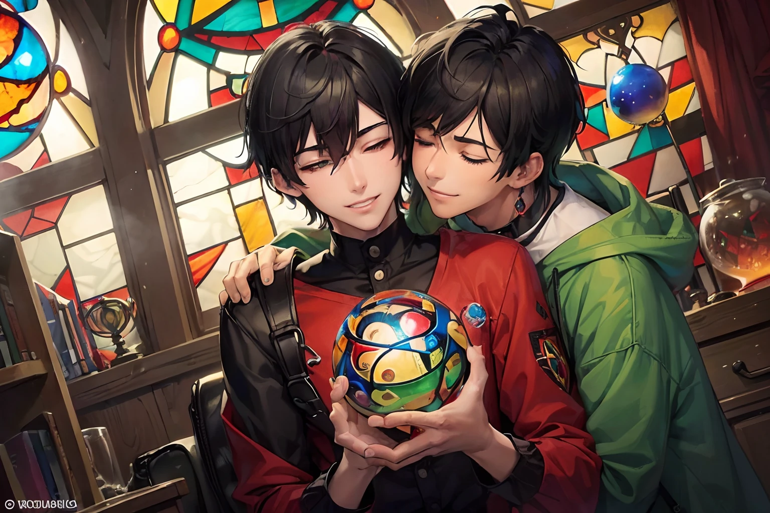 (Masterpiece), (best quality), ((super-detailed)), (2male:1.5), mature male, ((handsum male)), gay, ((yaoi)), eye contact,gay male ,hugging , heart, (male1: red eyes, black hair,jacket,serious) (male2: closed eyes, black hair, very short hair, green eyes, shirt,smiling) messy room,clutter,(lots of colorful books),((Miscellaneous goods are placed in a mess)),((colorful sphere)),(Stained glass:1.3)