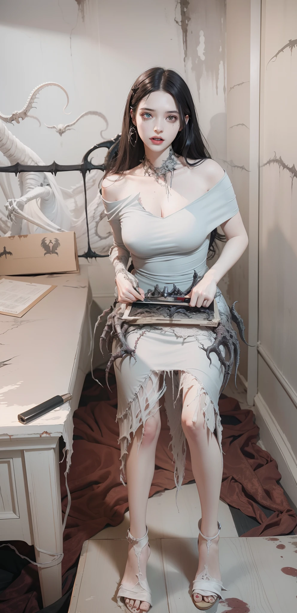 Fine matte painting, skeleton dark angel big wings haunted castle on drawing table full of knives, horror, spookiness, scary, secret horror, tentacles, vines, eyes, uncanny valley effect teeth, limbs, animals, blood moon