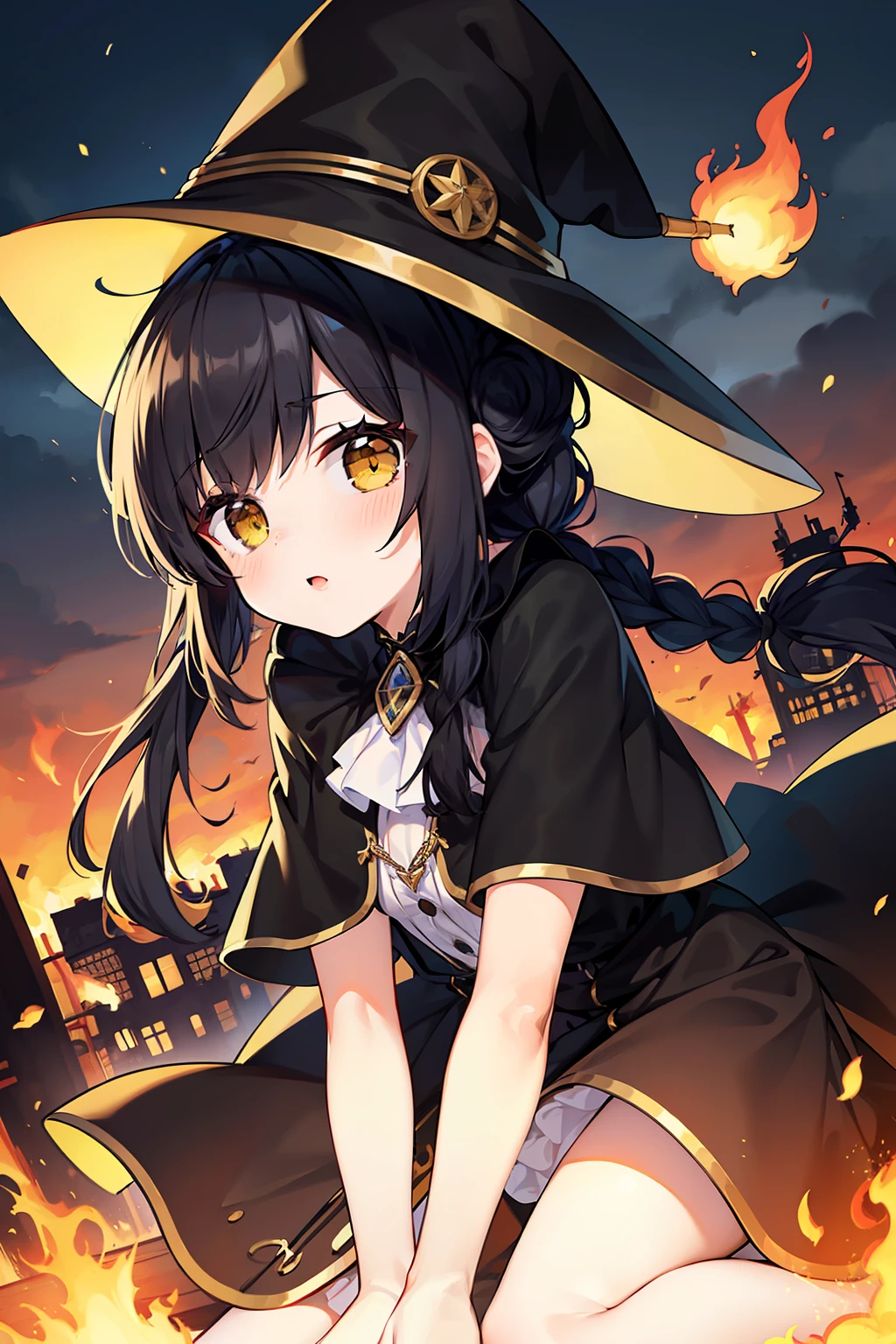 masterpiece, best quality, 1girl, solo, black hair, blunt bangs, (braided buns), twintails, yellow eyes, White witch hat, white long cap, black dress, stage greeting, bent down, burning town, smoke of fire, cloudy weather