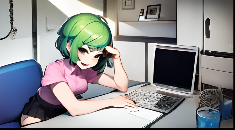 ((masterpiece, best quality)), (1girl), (solo), (female focus), (colorful), (ahoge, green hair, short hair), black eyes, light smile, open mouth, ((pink shirt), (buttoned shirt), (button gap)), ((black skirt), (short skirt)), sitting, sitting next to computer, sitting next to desk, computer, old computer, computer desk, girl using computer, white computer, bedroom background, girl bedroom,