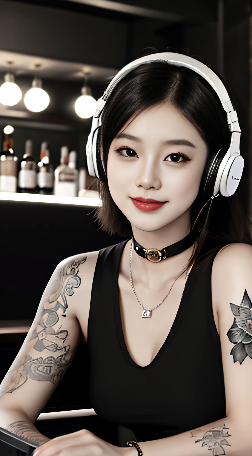 best qualtiy,tmasterpiece,超高分辨率,(fidelity:1.4),(B&W:1.3),professinal,photography of,1个Giant Breast Girl,Dee bar,Girl wearing headphones,DJ in the bar,Upper body,A female DJ,Look at the crowd,DJ, DJ booth,DJ Player,stage lighting,(buzz cut:1.1),(Tattooed with:1.1),cheerfulness,dyna,Gucci, Versace,cruel,choker necklace,Vistas