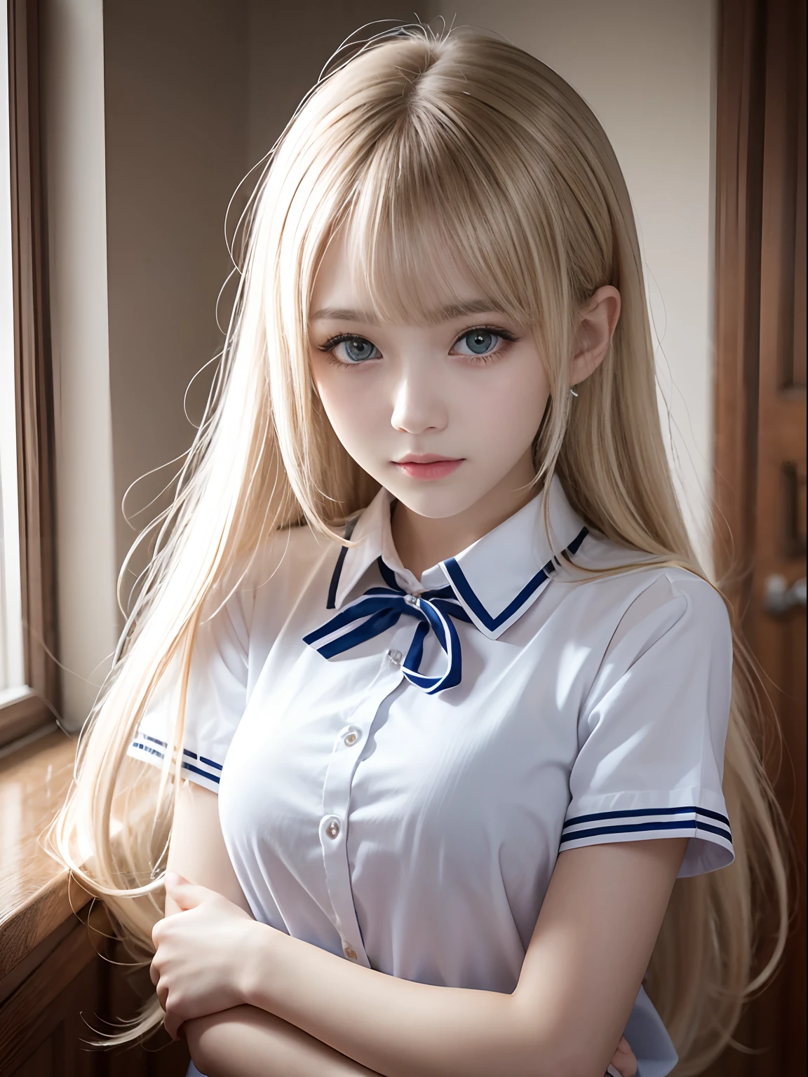 portlate、School Uniforms、bright expression、poneyTail、Young shiny shiny white shiny skin、Best Looks、Blonde reflected light、Platinum blonde hair with dazzling highlights、shiny light hair,、Super long silky straight hair、Beautiful bangs that shine、Glowing crystal clear attractive big blue eyes、Very beautiful nice cute girl、Lush bust