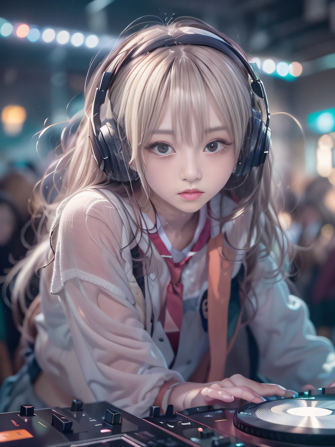 Alafed woman in DJ venue wearing headphones, ((A look tinged with joy,Ephemeral woman)),nightcore, With headphones, Kantai Collection Style, Soft lighting, with head phones, DJ female, anime moe art style,I am a DJ,((They are very focused:1.5)),small tits,slim figure,extremely detailed eye and face、beatiful detailed eyes,Beautiful skins,finely detail、smooth hair,detailed hairs,Very fine hairs,Cool color makeup,Lowered eyebrows、Whitening effect,thin and thin eyebrows,milky skin,DJs concentrate on the venue,(A scene from the venue),((The gaze is looking at the venue)),The DJ machine is exquisitely operated