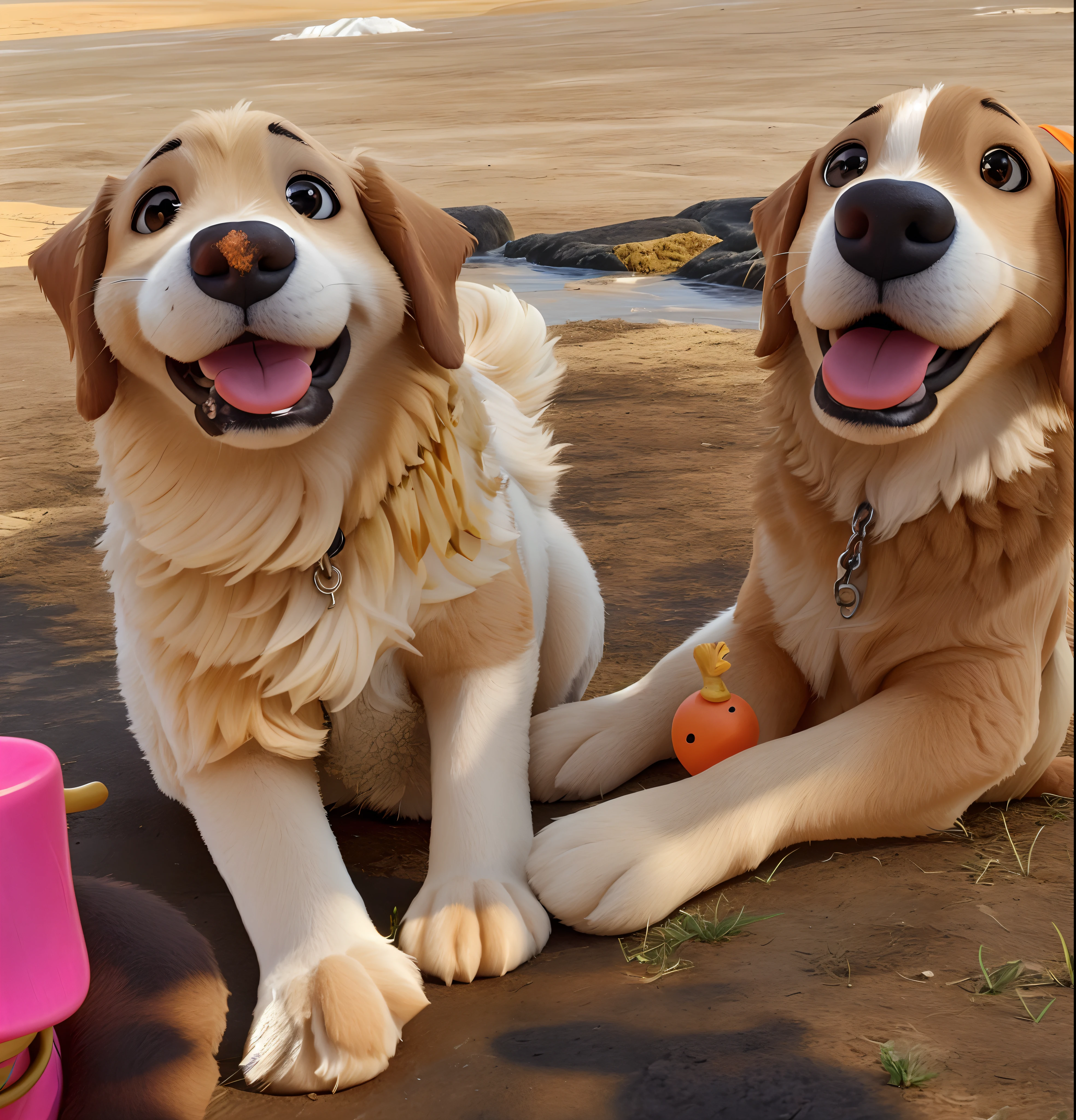 There are two dogs that are sitting on the floor with a carrot, Two dogs, both smiling for the camera, dois homens bonitos, 📷 Mungojerrie e Rumpleteazer, dogs, Retriever dourado, Divertindo-se ao sol, caras felizes, com rostos molhados!!, rostos bonitos, sorrisos brilhantes, ambos rindo, Melhores amigos, liquid gold
