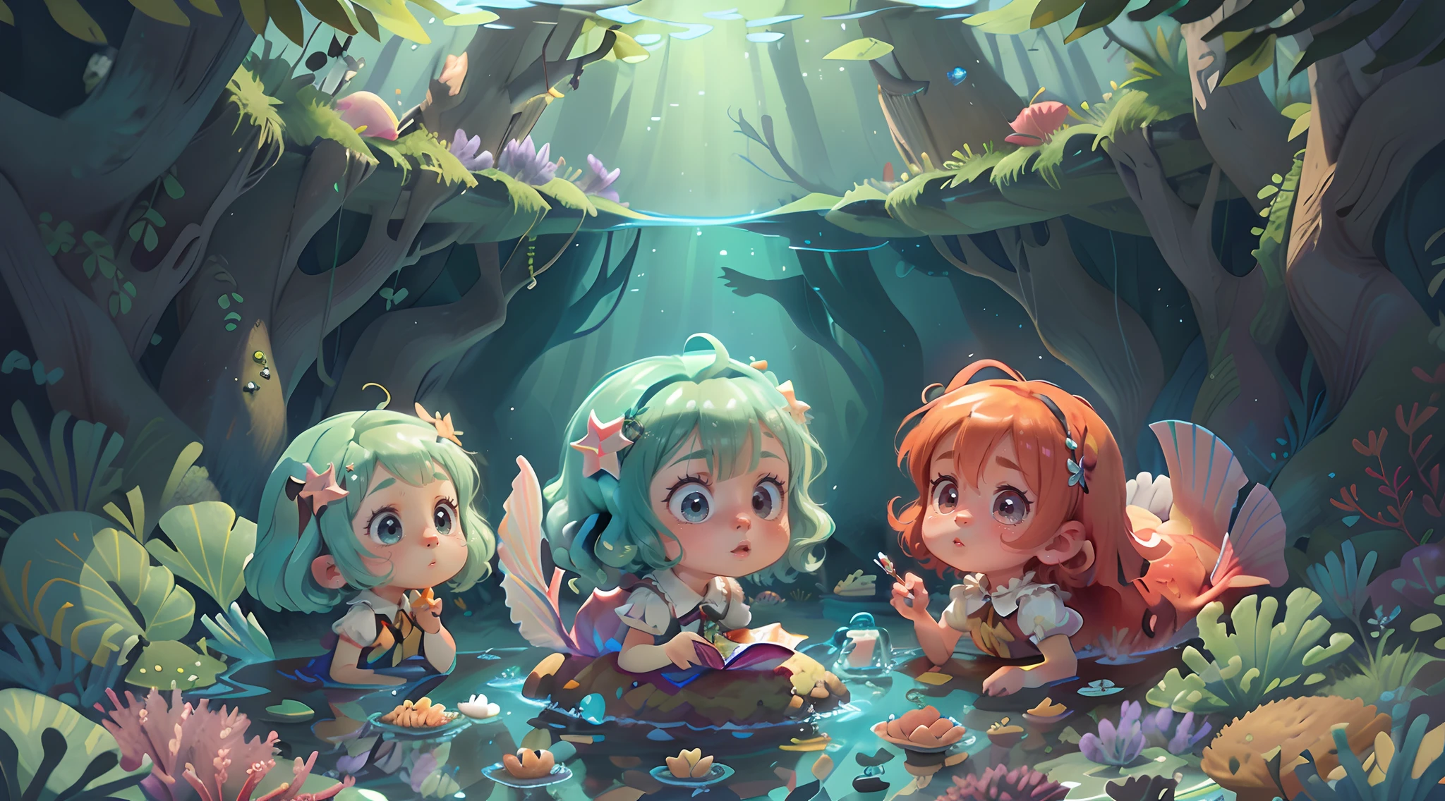 underwaterstyle((best qualtiy)), ((tmasterpiece)), (A detailed), pastelcolor, (A high resolution), Movie rating, high qulity,mermaids,face perfect,beautiful shining eyes, like crystal clear glass,borgar, beta fish, Circling, delicate wings, magia,
