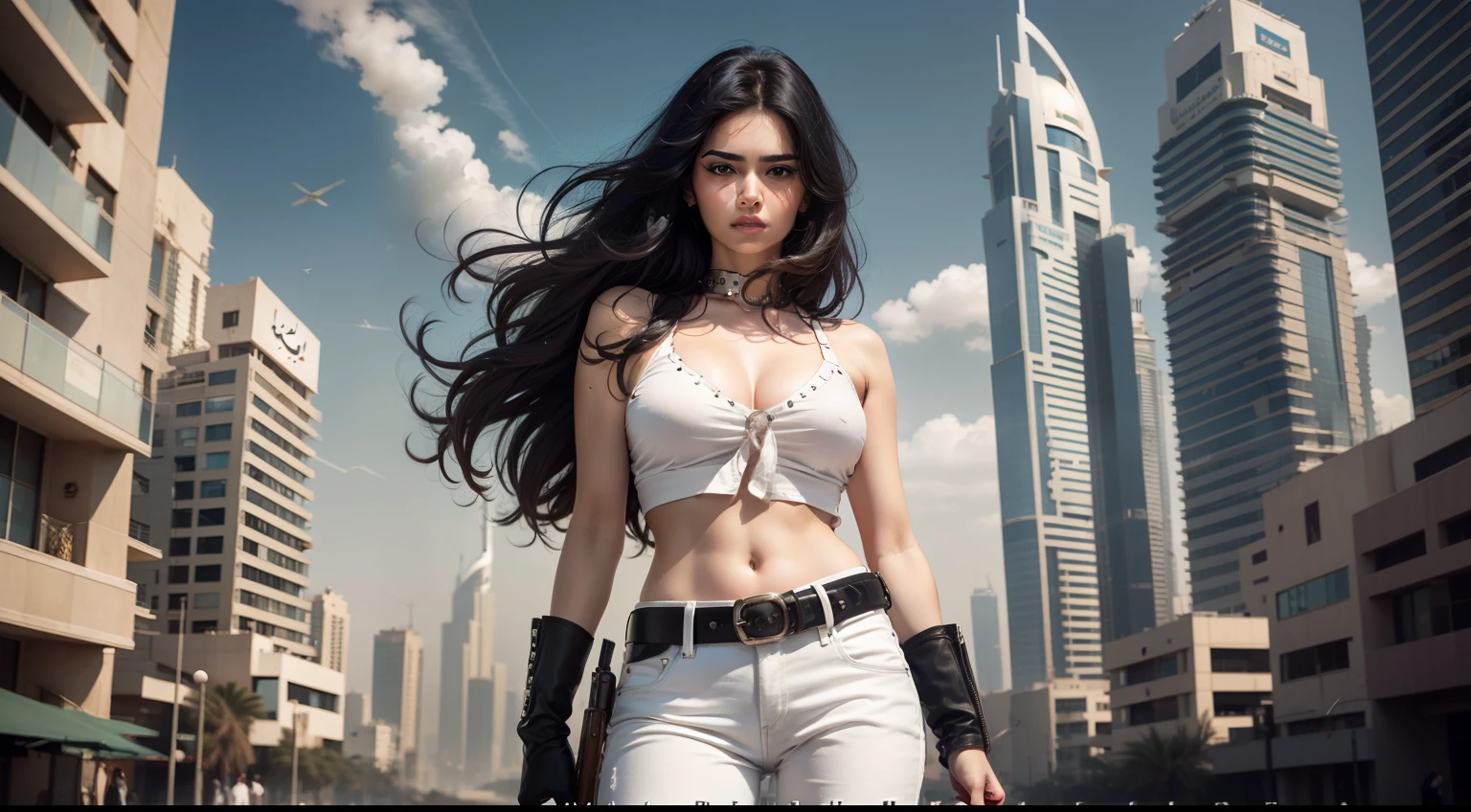 Arabic movie poster, Beautiful woman, Long medium-dark hair, White jeans, belt, rivet, Holster, With a large gun in his hand, rivet, blasts, Dubai, skyscrapper, just one body